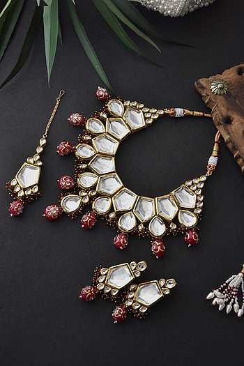Gold-Plated Lime Green Stone & White Kundan Studded Choker Jewellery Set