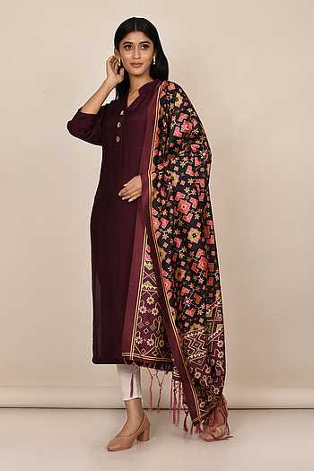 Purple - Bengal Jamdani Silk Cotton Kurta with Dupatta Set 04
