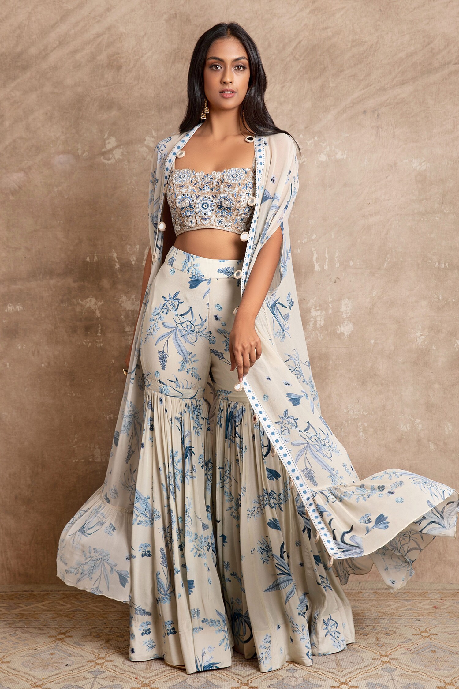 Arpita Mehta Blue Crepe Silk Floral Print Cape And Sharara Set