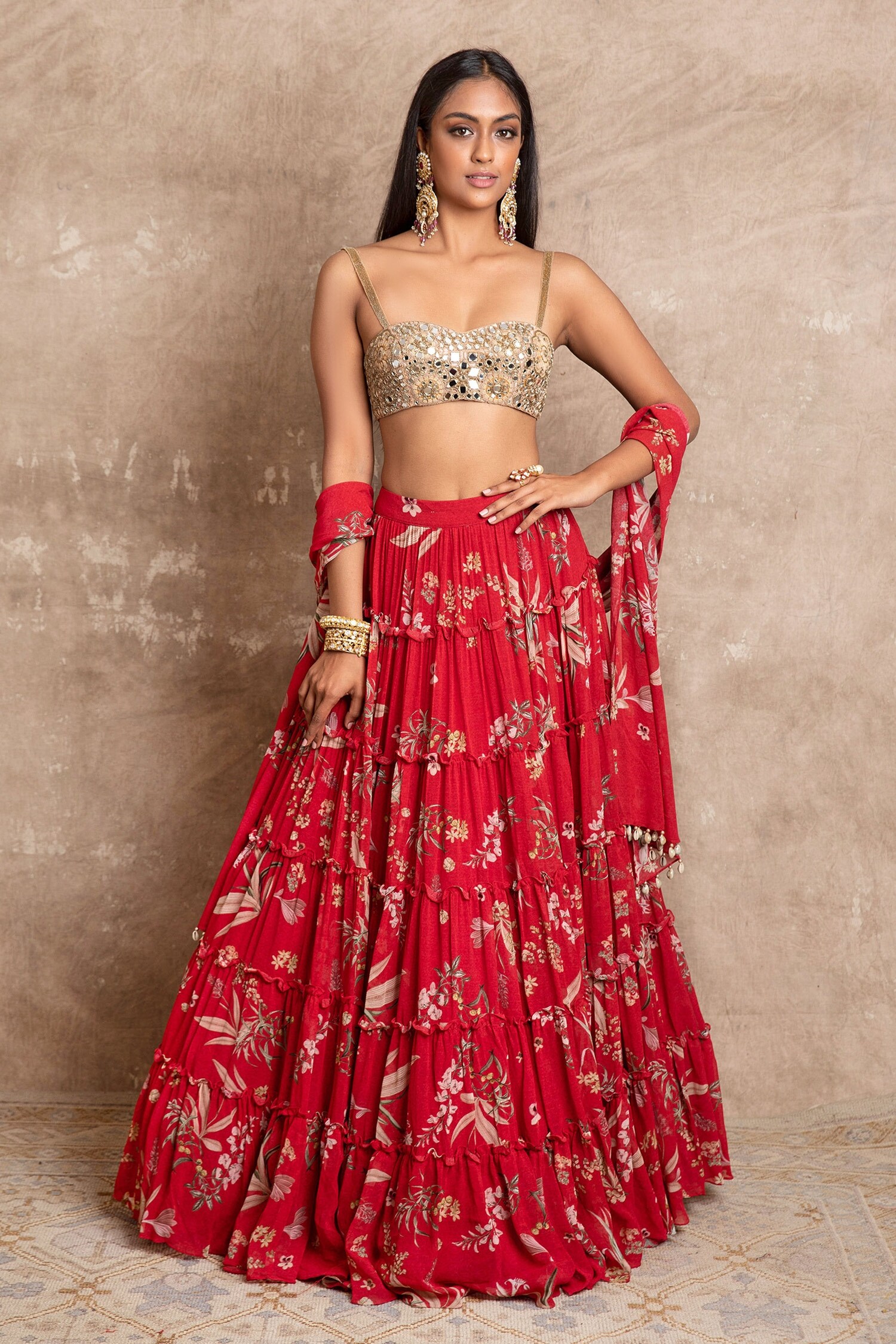 Arpita Mehta Red Georgette Floral Print Skirt Set