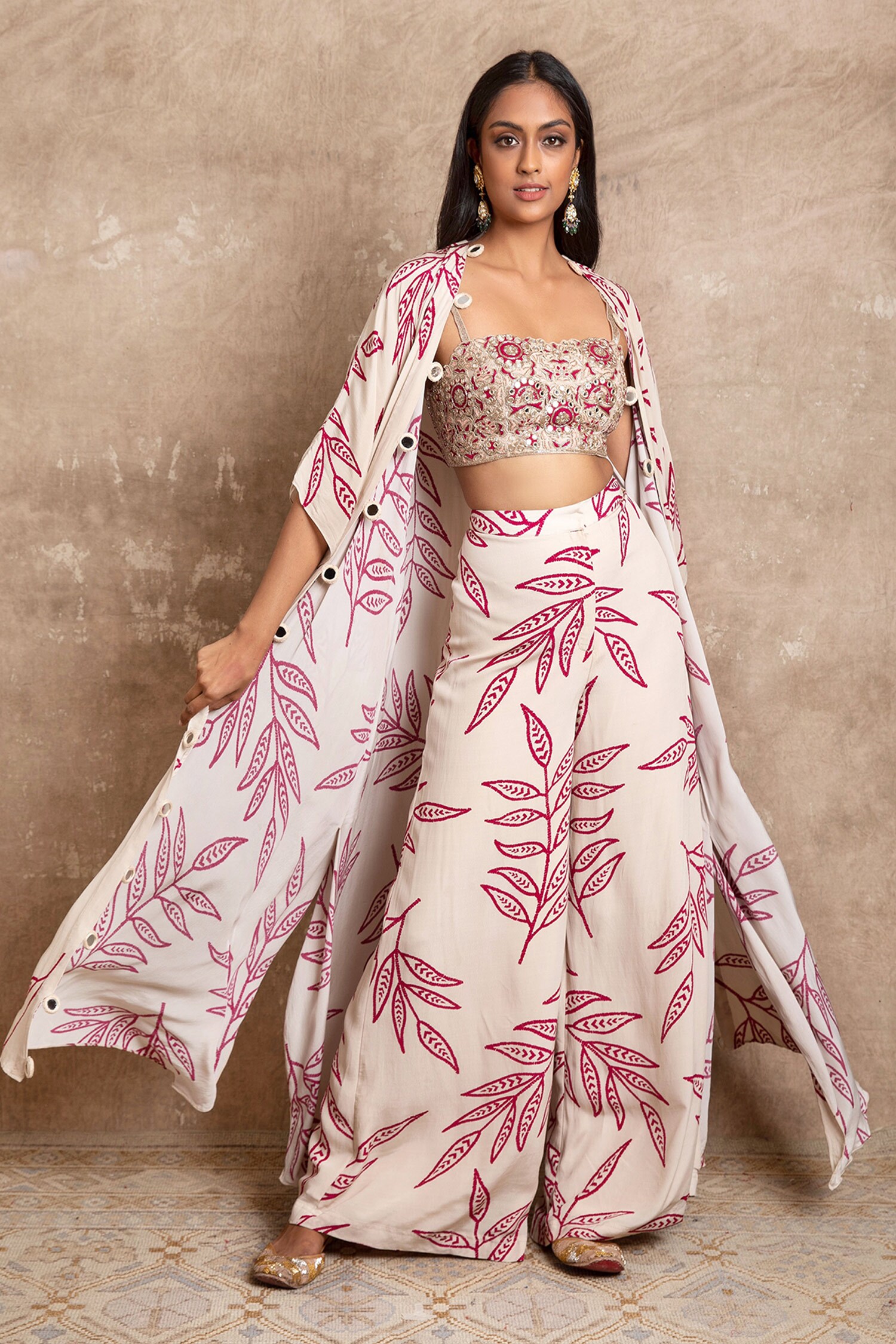 Arpita Mehta White Crepe Silk Leaf Print Cape And Pant Set