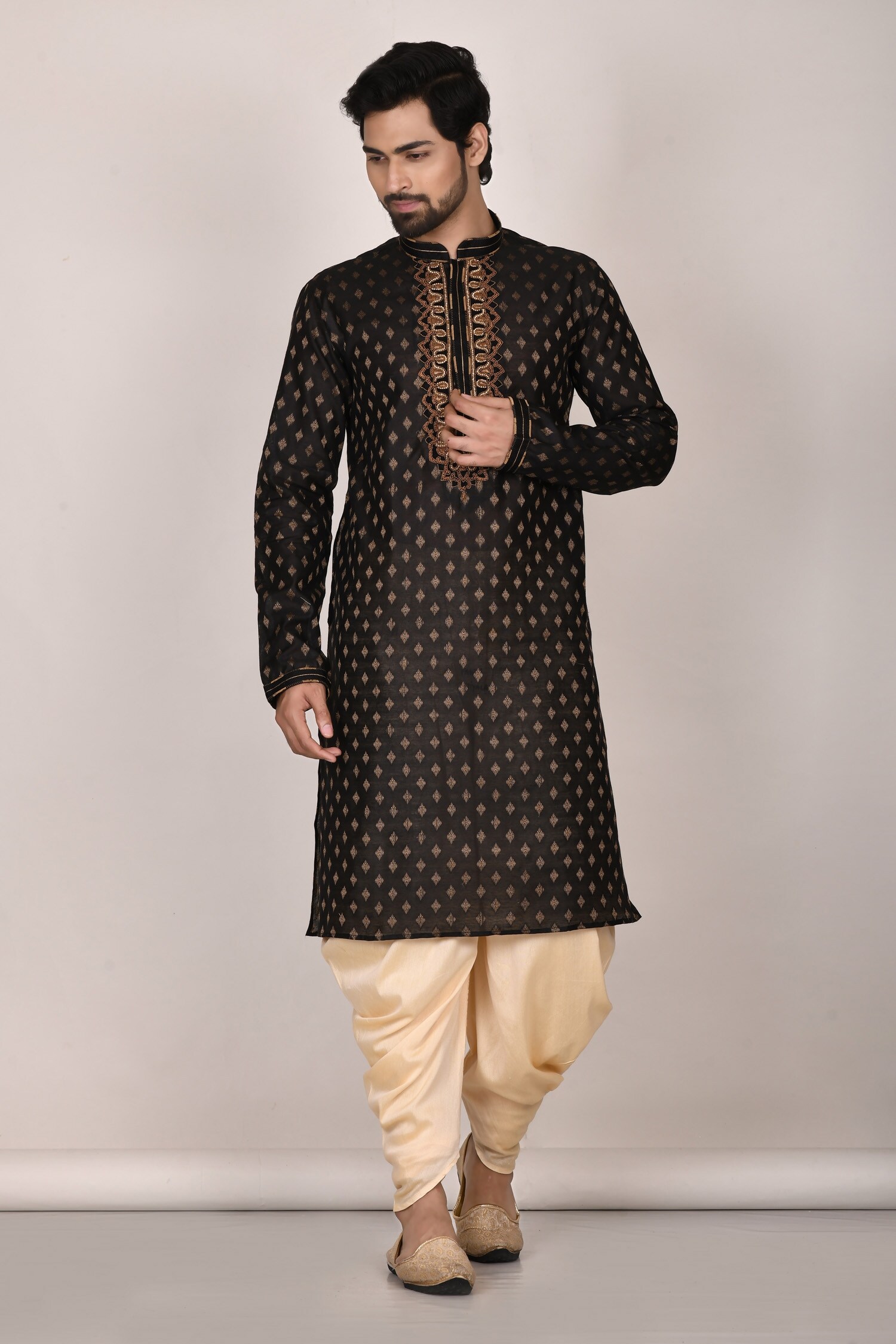 Buy Samyukta Singhania Black Poly Cotton Floral Motif Full Sleeve Kurta