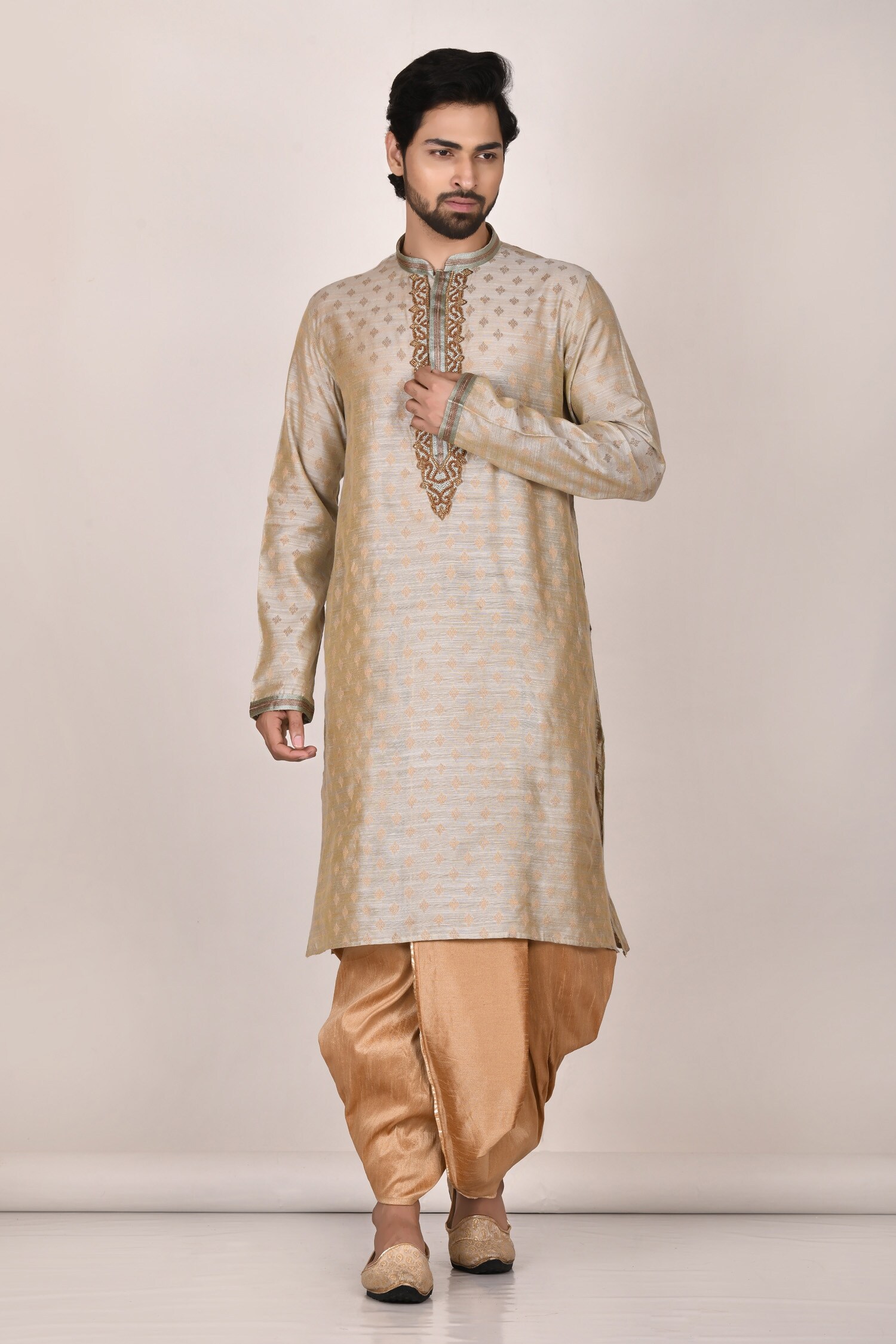 Buy Samyukta Singhania Grey Poly Cotton Floral Motif Full Sleeve Kurta