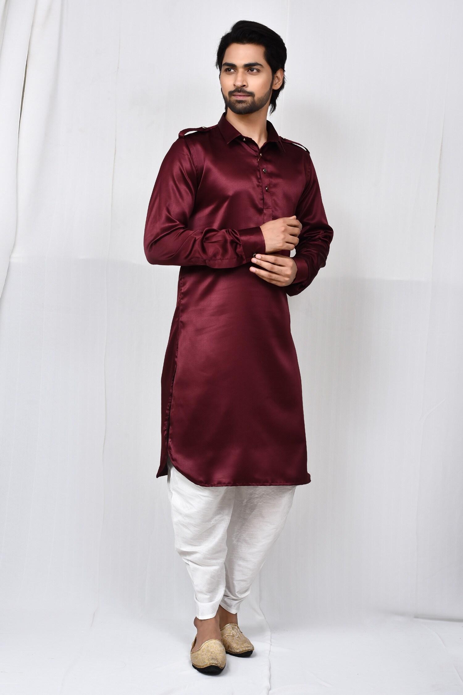 Buy Aryavir Malhotra Maroon Satin Silk Cuff Sleeve Pathani Kurta Set