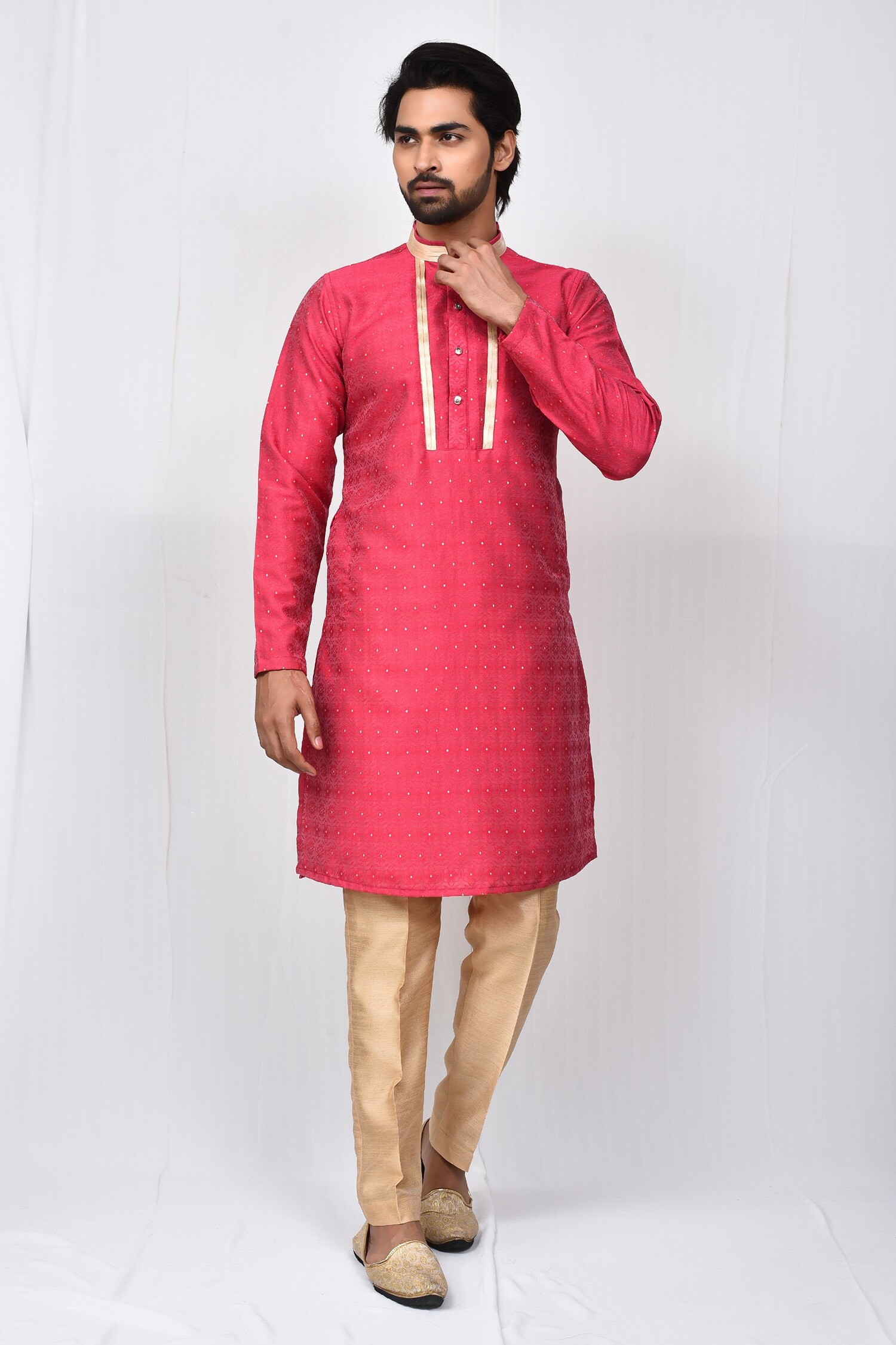 Buy Aryavir Malhotra Pink Art Silk Mandarin Collar Kurta Set Online