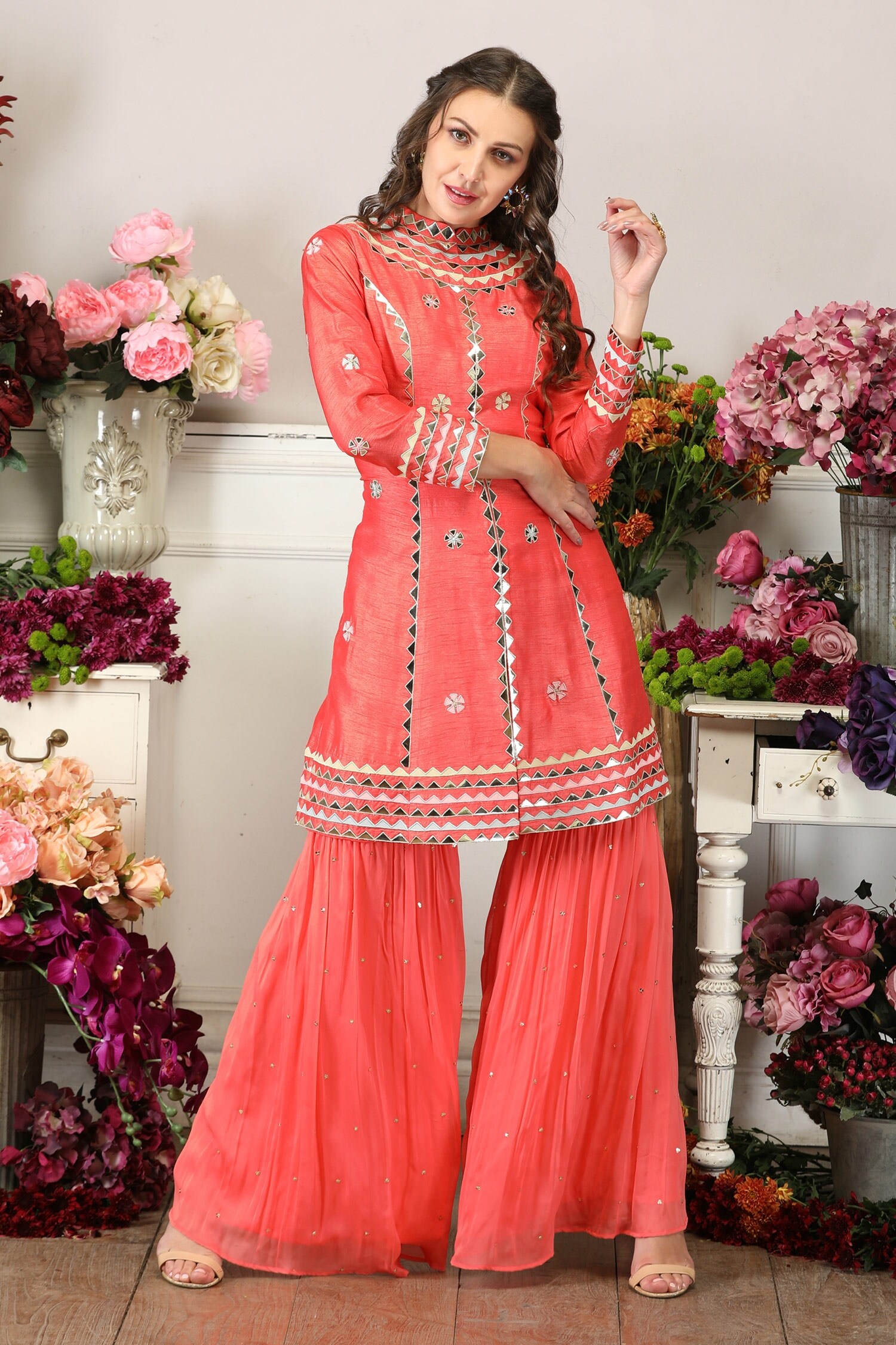 Seams Pret And Couture Orange Georgette Nysha Embroidered Jacket And Sharara Set