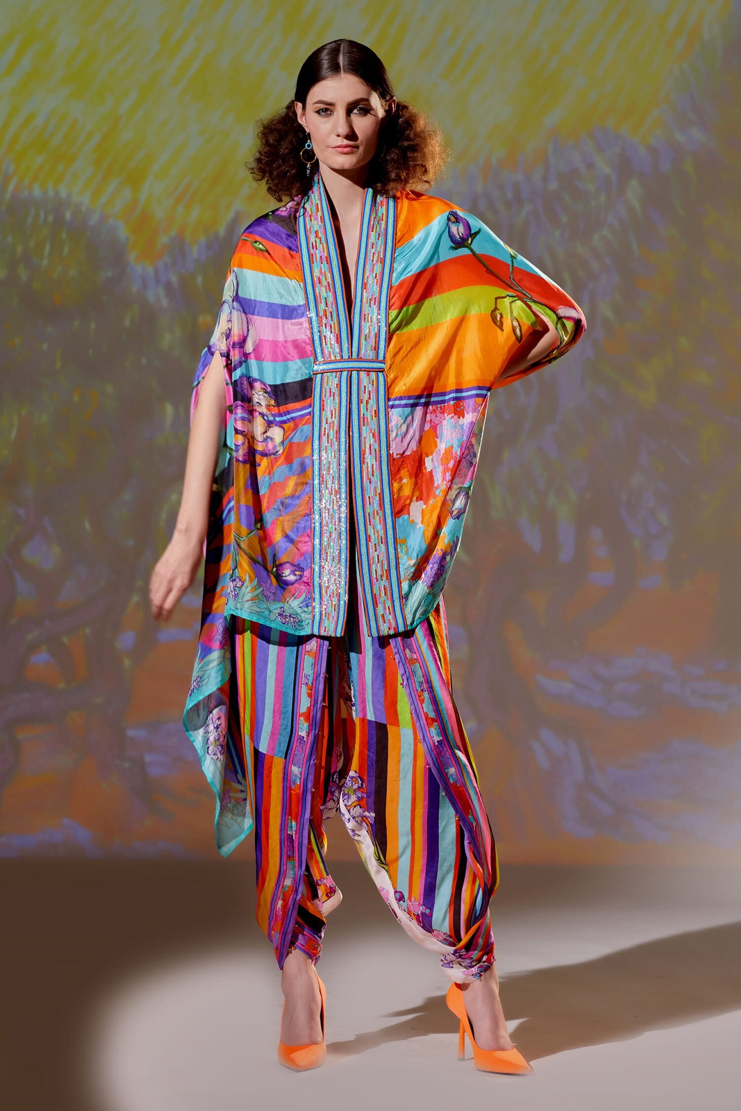 Rajdeep Ranawat Multi Color Chloe Silk Printed Cape And Dhoti Pant Set