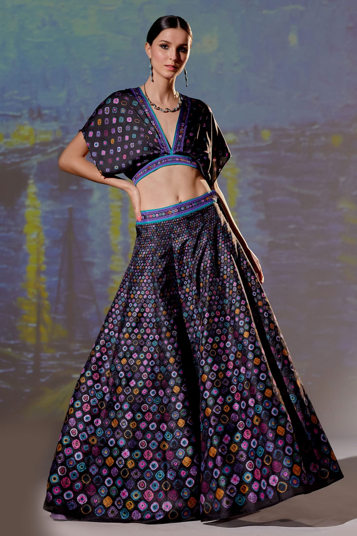 Rajdeep Ranawat Black Dupion Leela Geometric Print Skirt Set