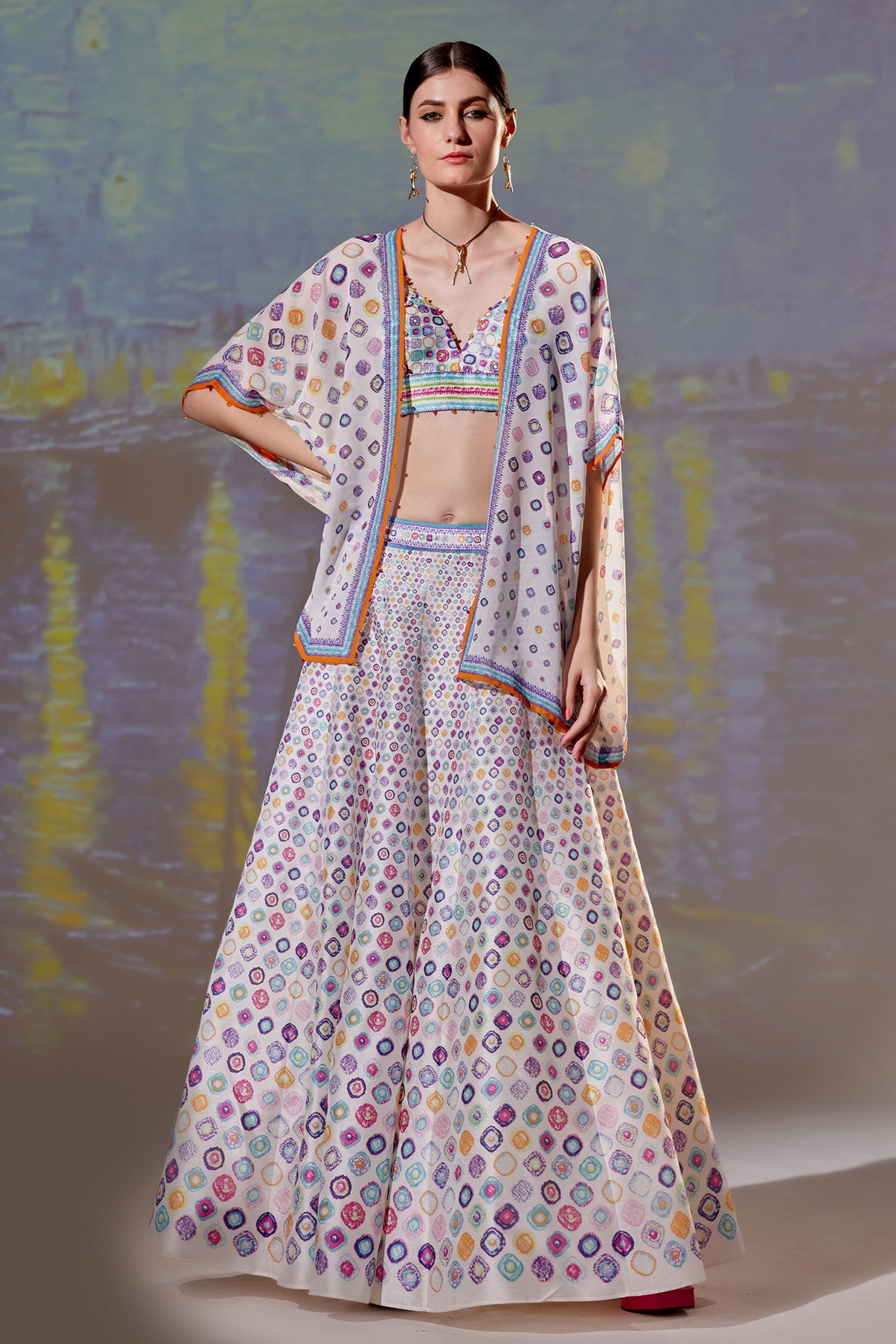Rajdeep Ranawat White Dupion Leela Geometric Print Skirt Set
