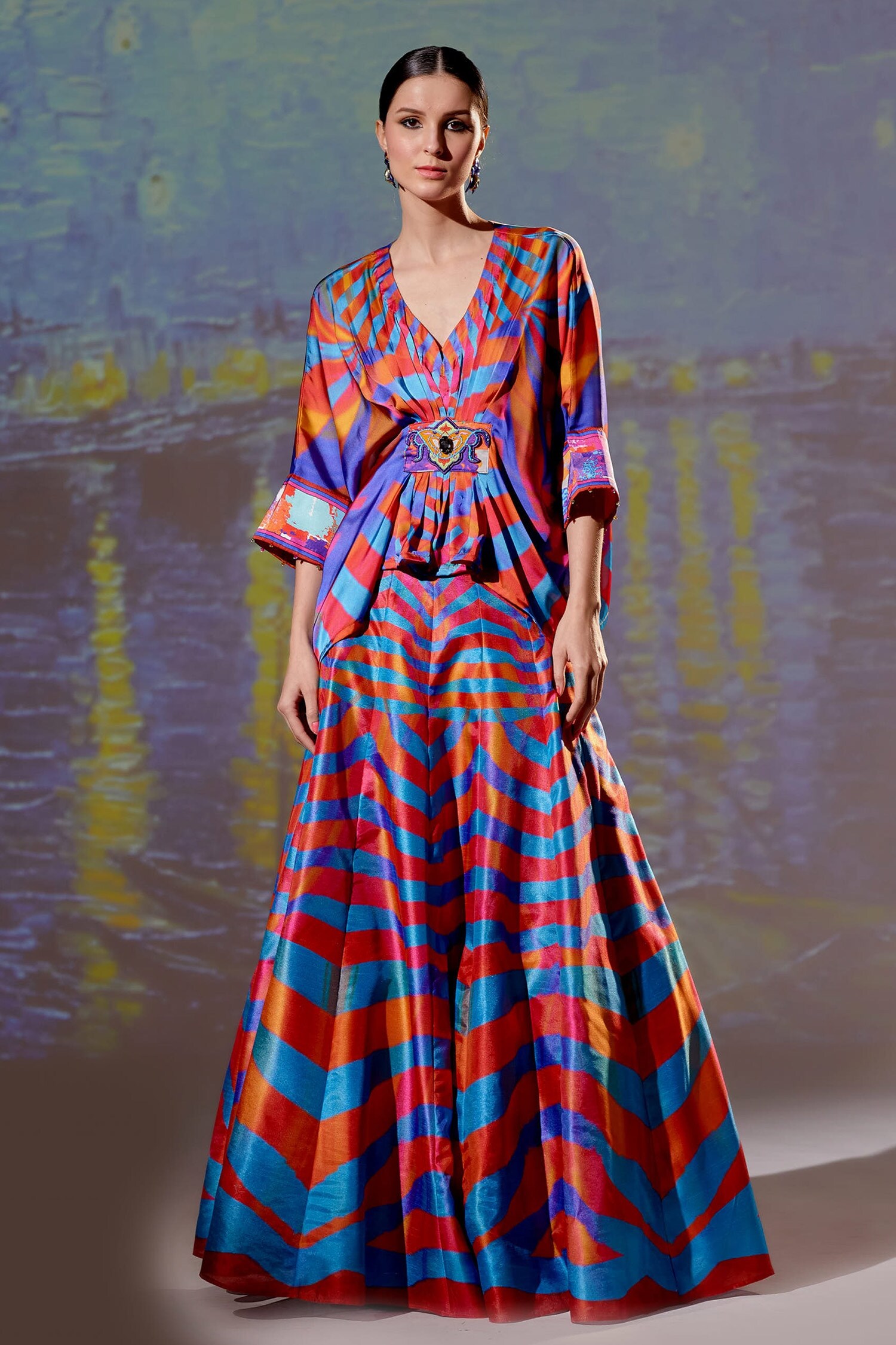 Rajdeep Ranawat Multi Color Dupion Leela Abstract Print Skirt And Kaftan Top Set