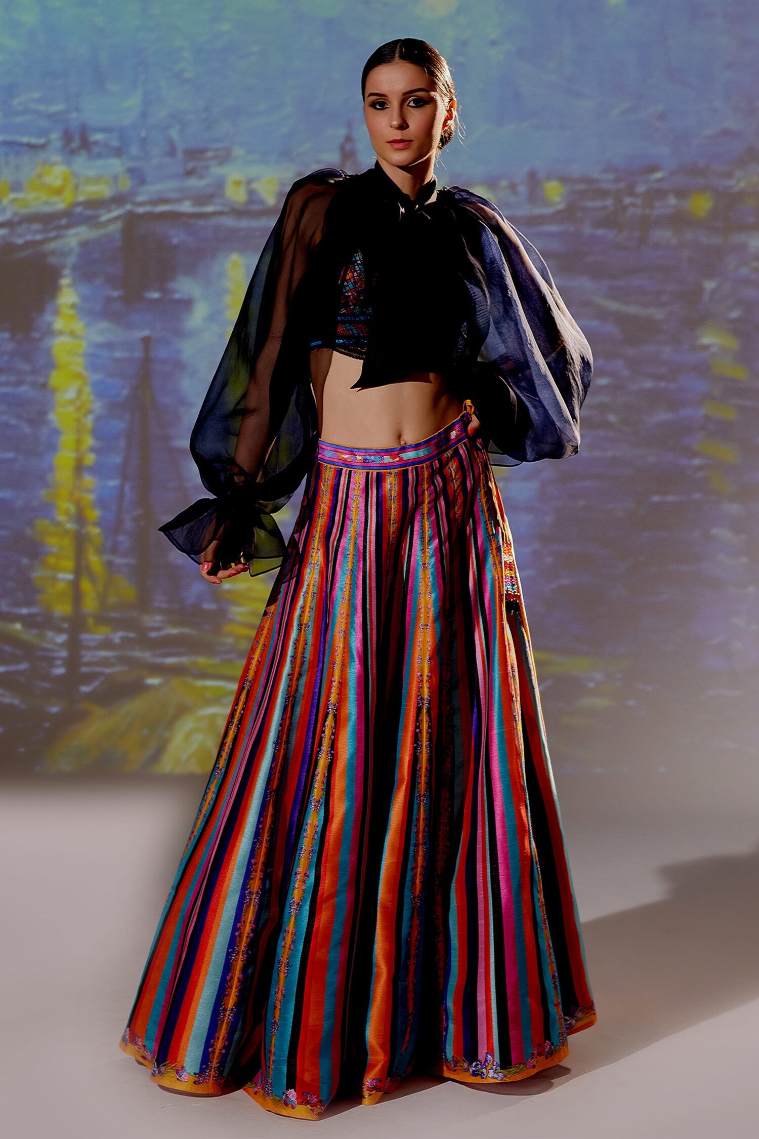 Rajdeep Ranawat Multi Color Dupion Leela Stripe Print Skirt And Crop Top Set