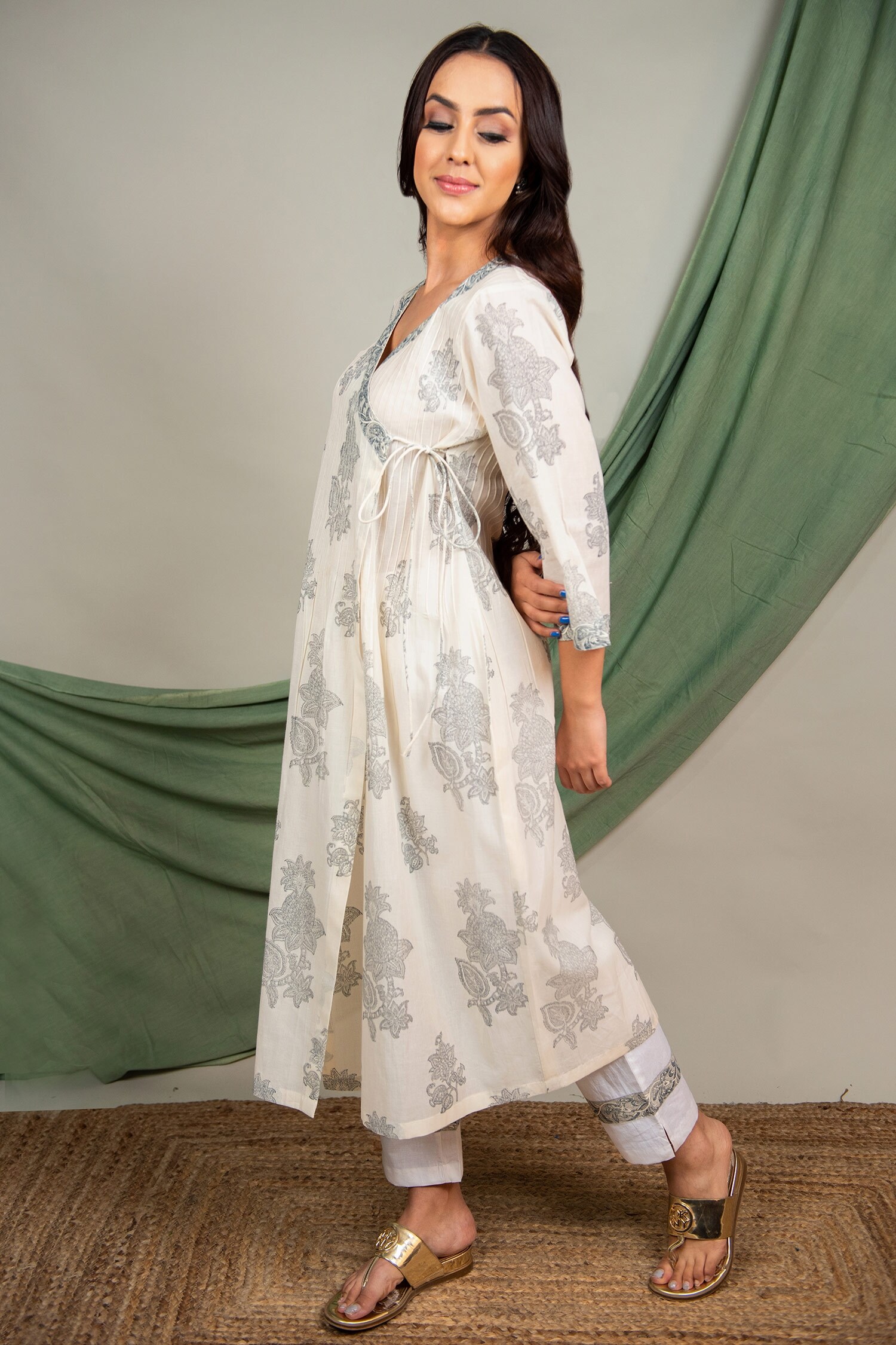 Priya Chaudhary White Cotton Block Print Angrakha Kurta And Pant Set