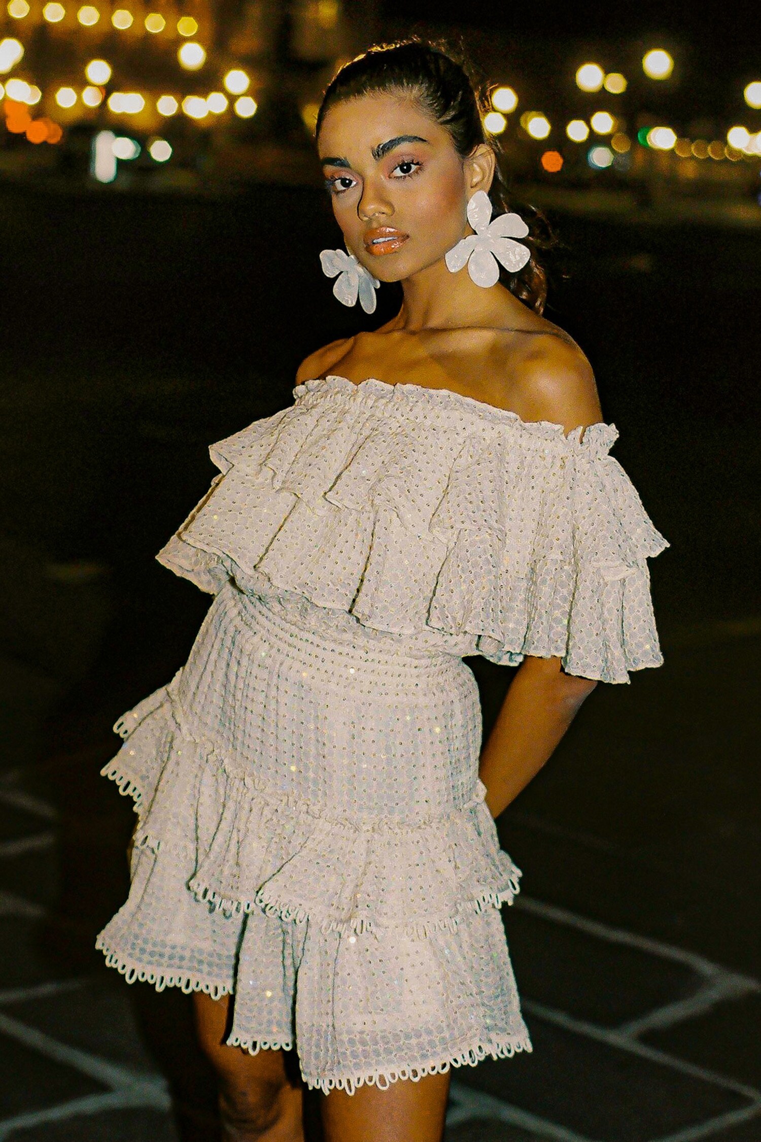 Kangana Trehan White Crepe Georgette Sequin Ruffle Dress