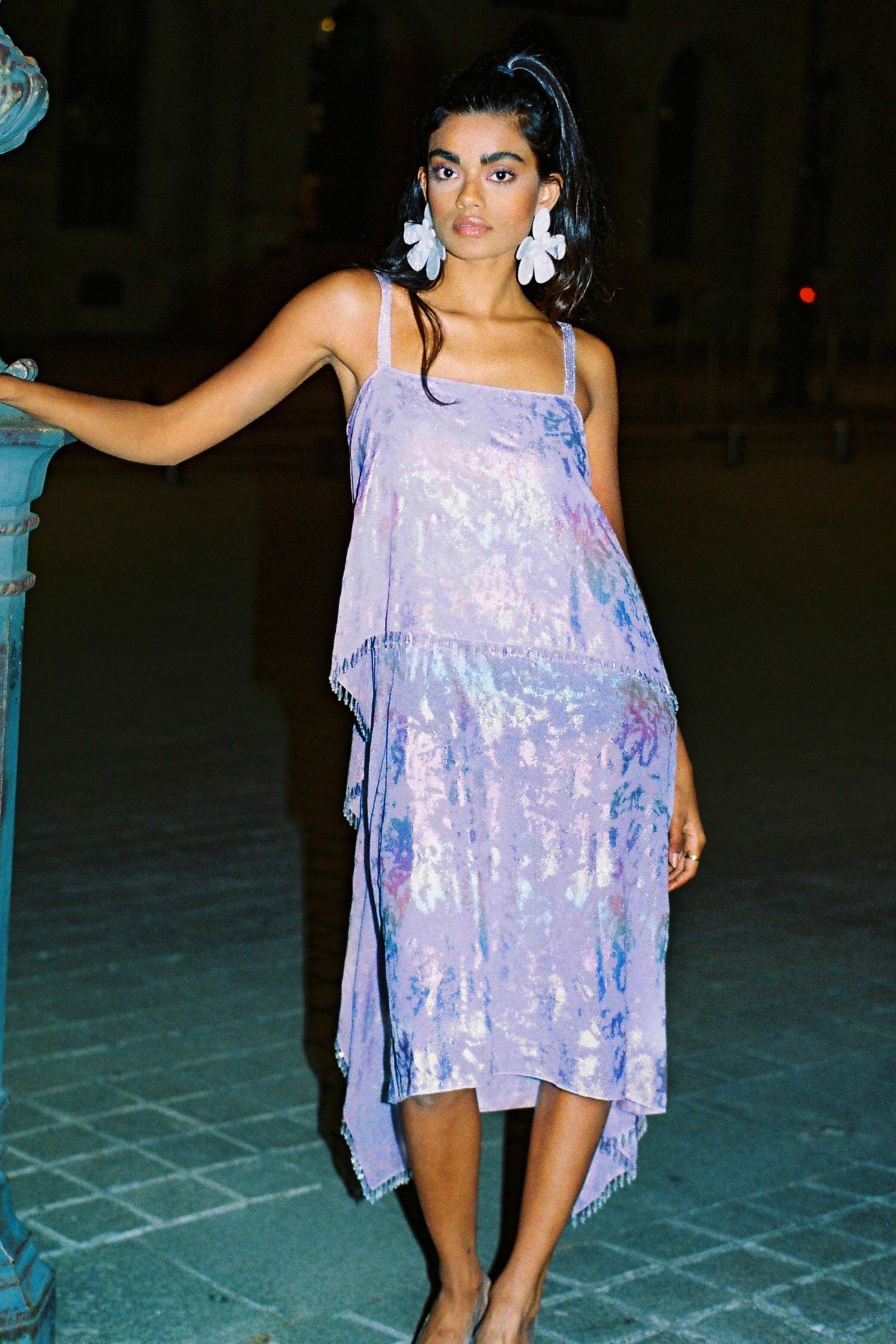 Kangana Trehan Purple Foil Georgette Metallic Chandelier Dress