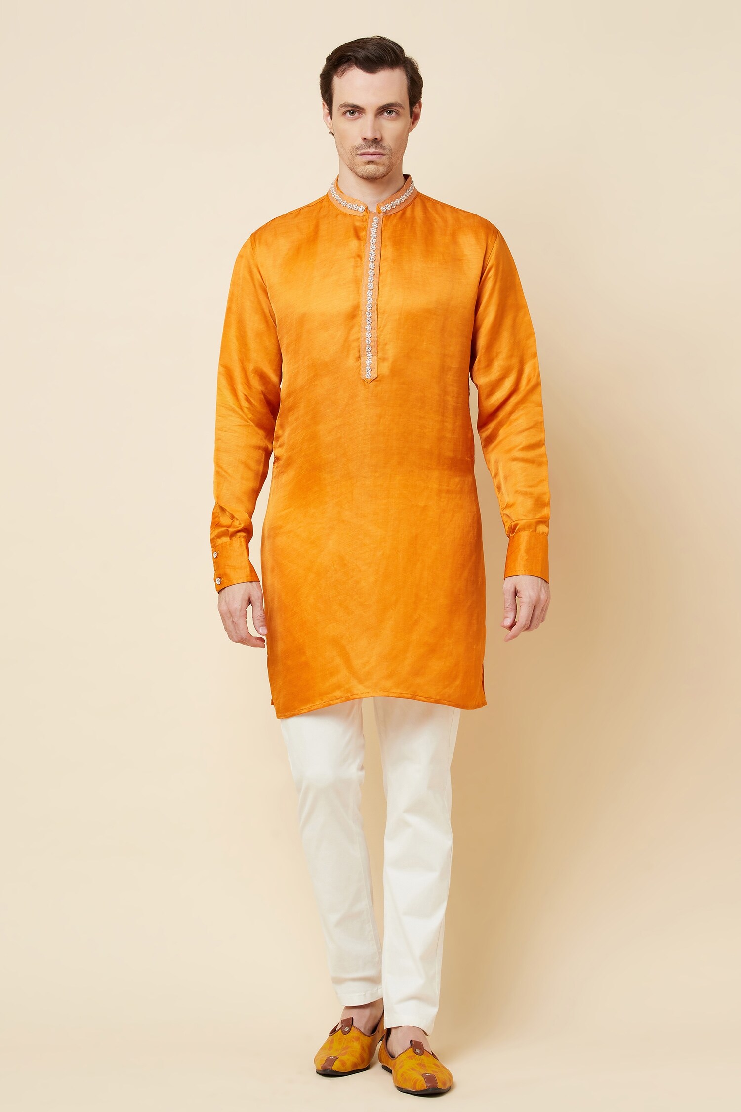 Spring Break Yellow Linen Satin Embroidered Placket Kurta