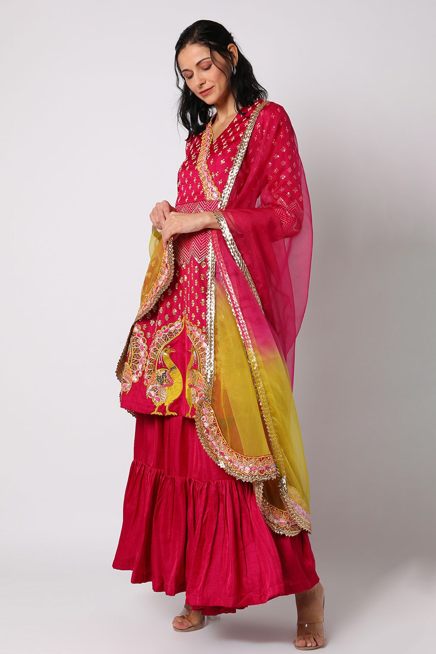 Leela by A Pink Silk Peacock Embroidered Angarkha Set