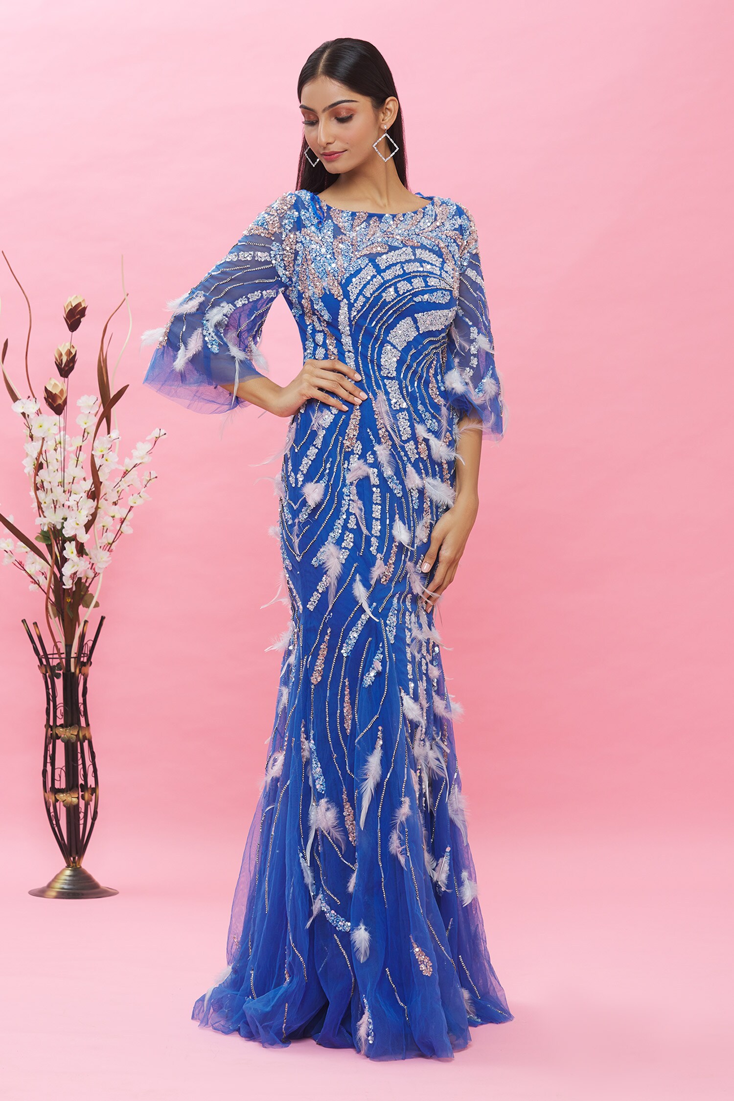 Buy Ambrosia Blue Nylon Mesh Sequin Embellished Gown Online Aza Fashions
