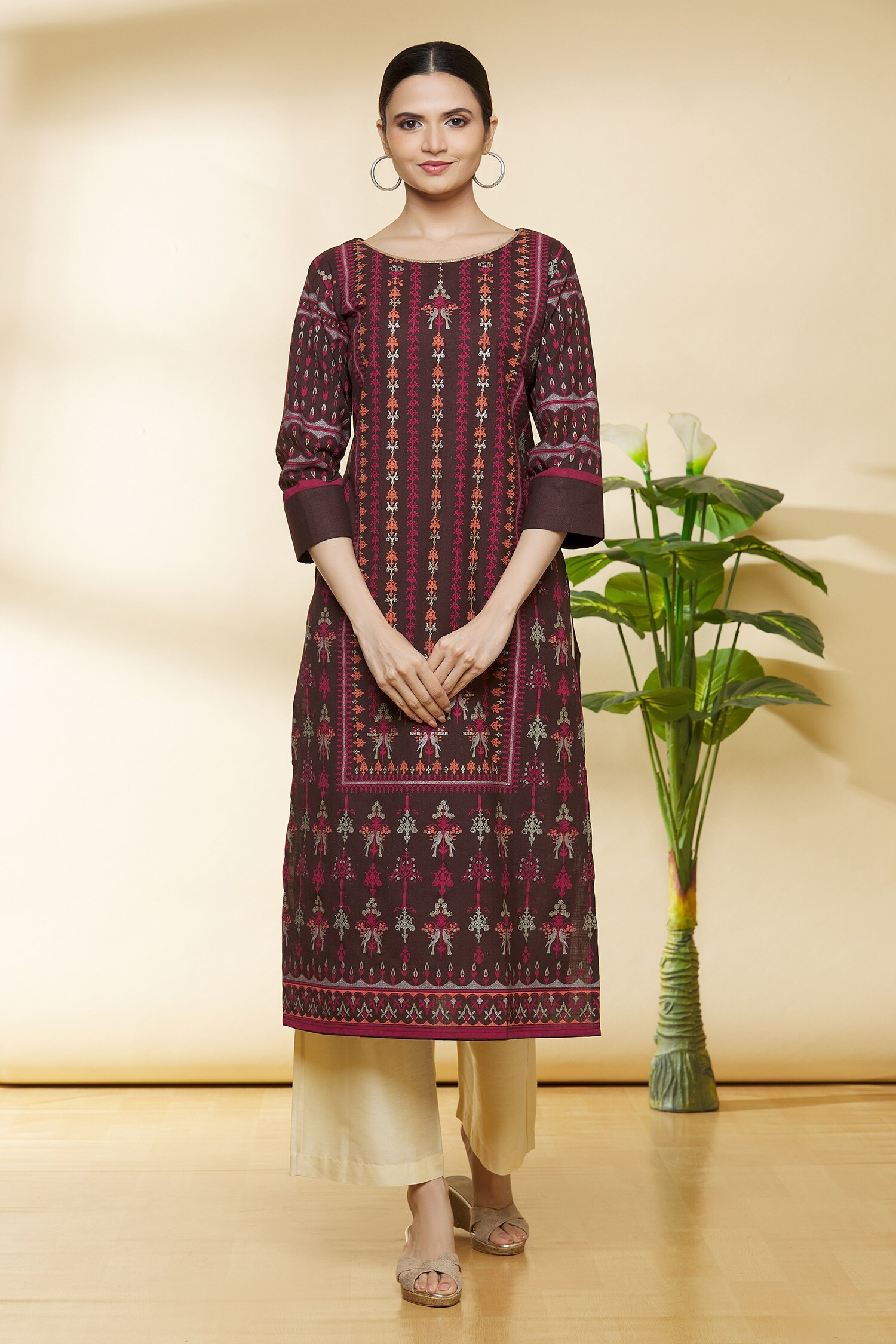 Buy Naintara Bajaj Brown Cotton Floral Print Kurta Online | Aza Fashions
