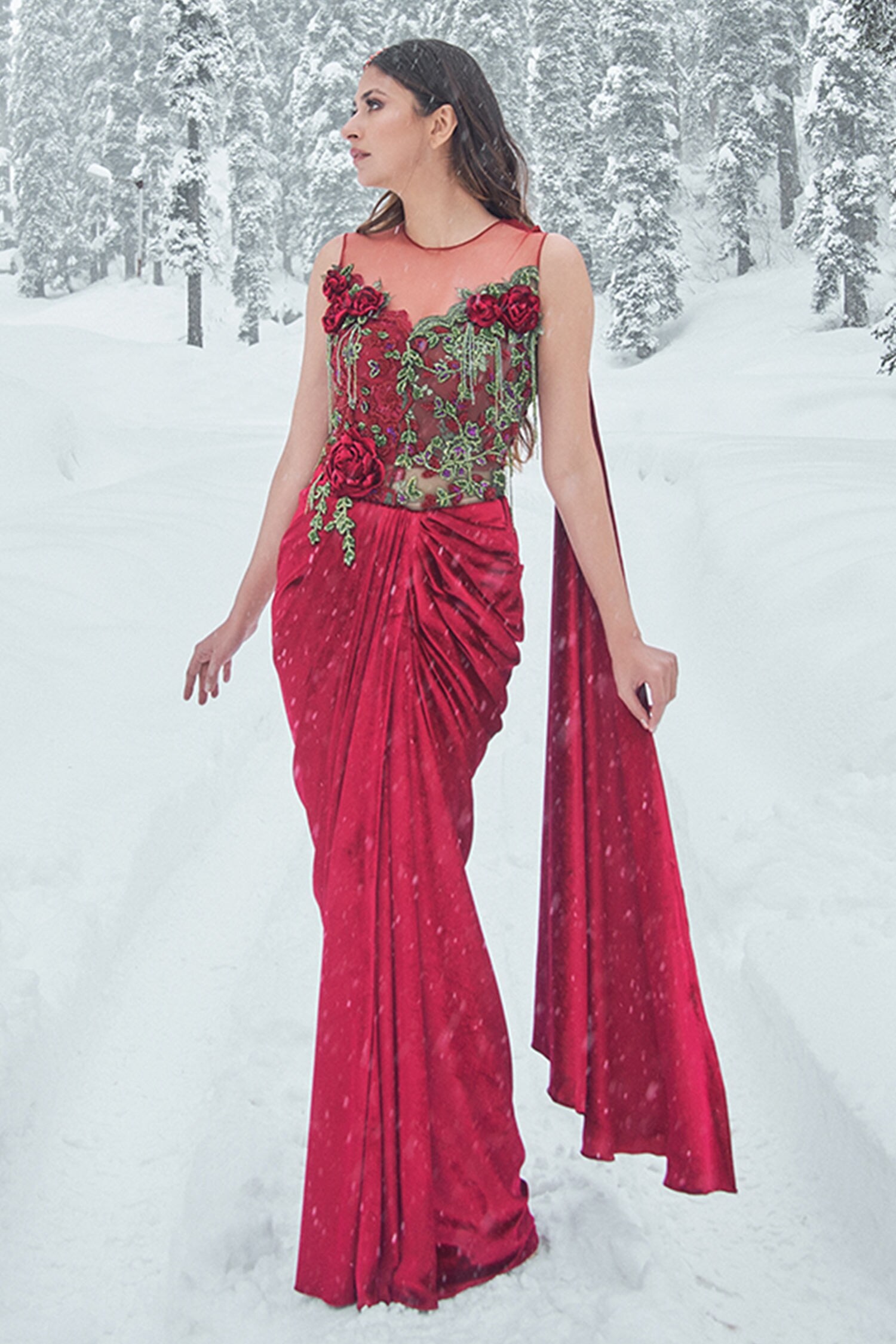 Sonaakshi Raaj Red Velvet Floral Embellished Saree Gown