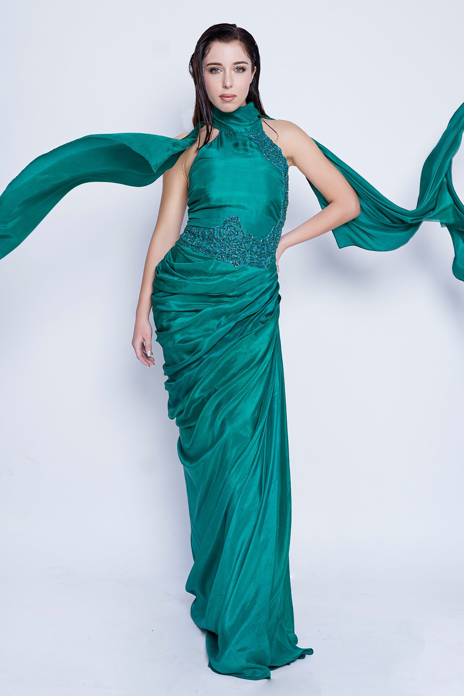 Sonaakshi Raaj Green Silk Satin Halter Neck Draped Gown