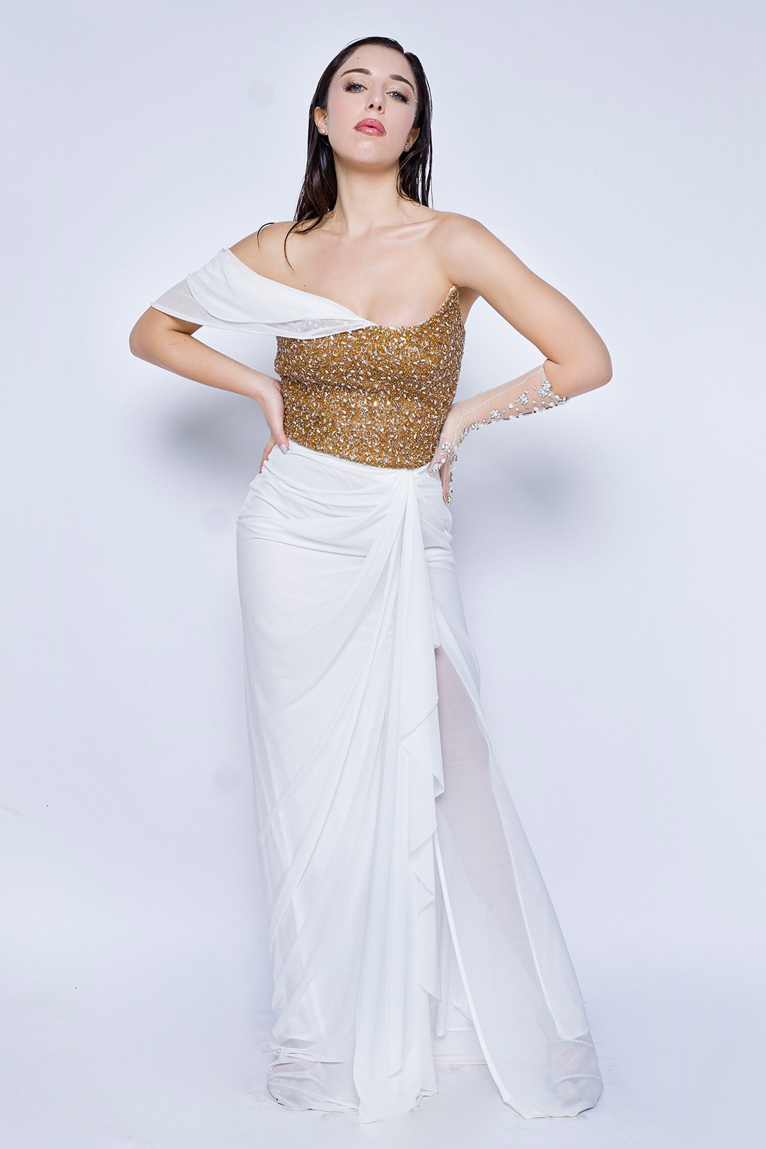 Sonaakshi Raaj White Lycra Embellished Draped Gown