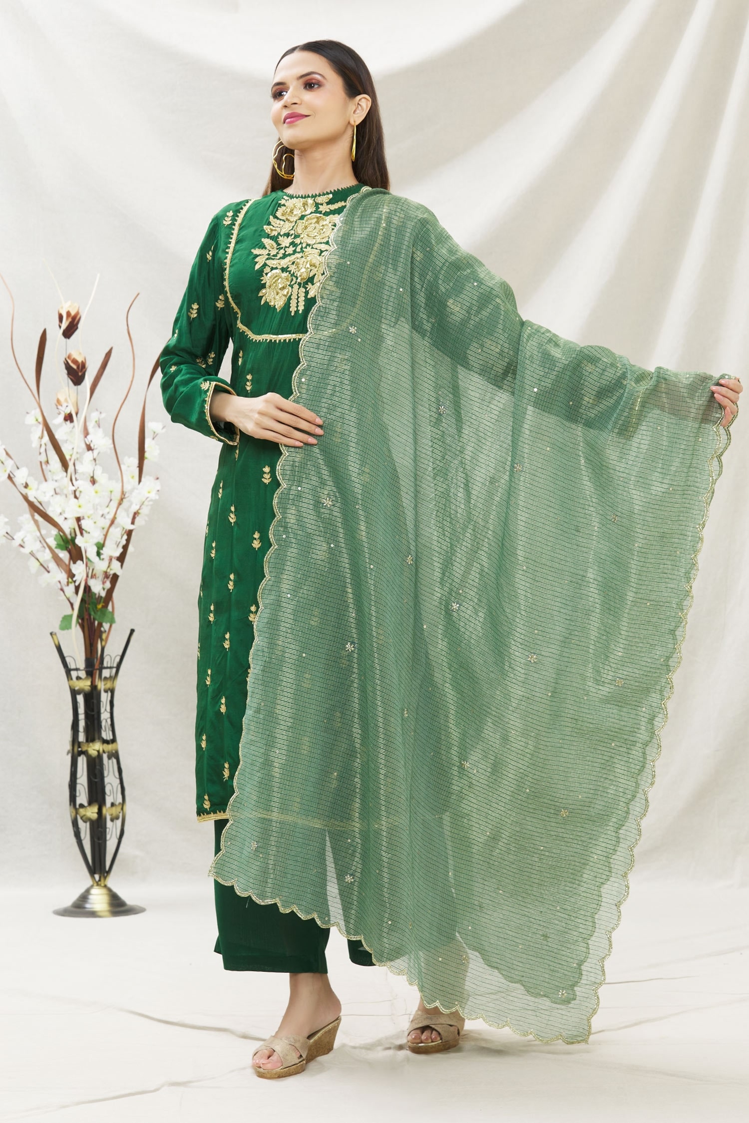 Buy Aiman Green Chanderi Kurta Pant Set Online | Aza Fashions