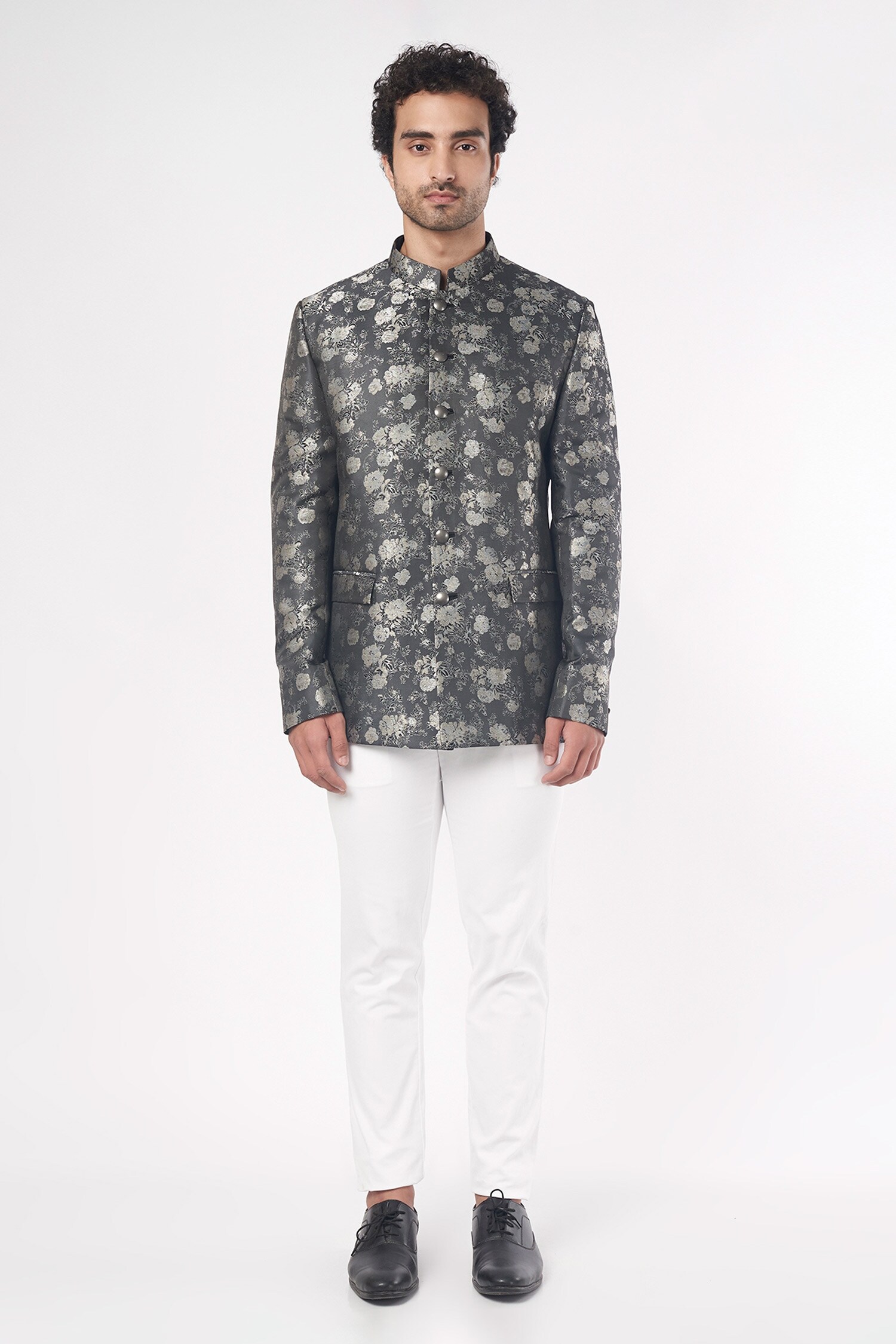 Nero by Shaifali and Satya Grey Brocade Bandhgala And Pant Set