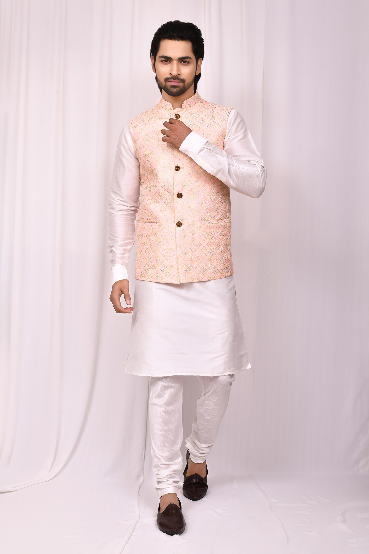 Aryavir Malhotra Peach Art Silk Floral Embroidered Bundi