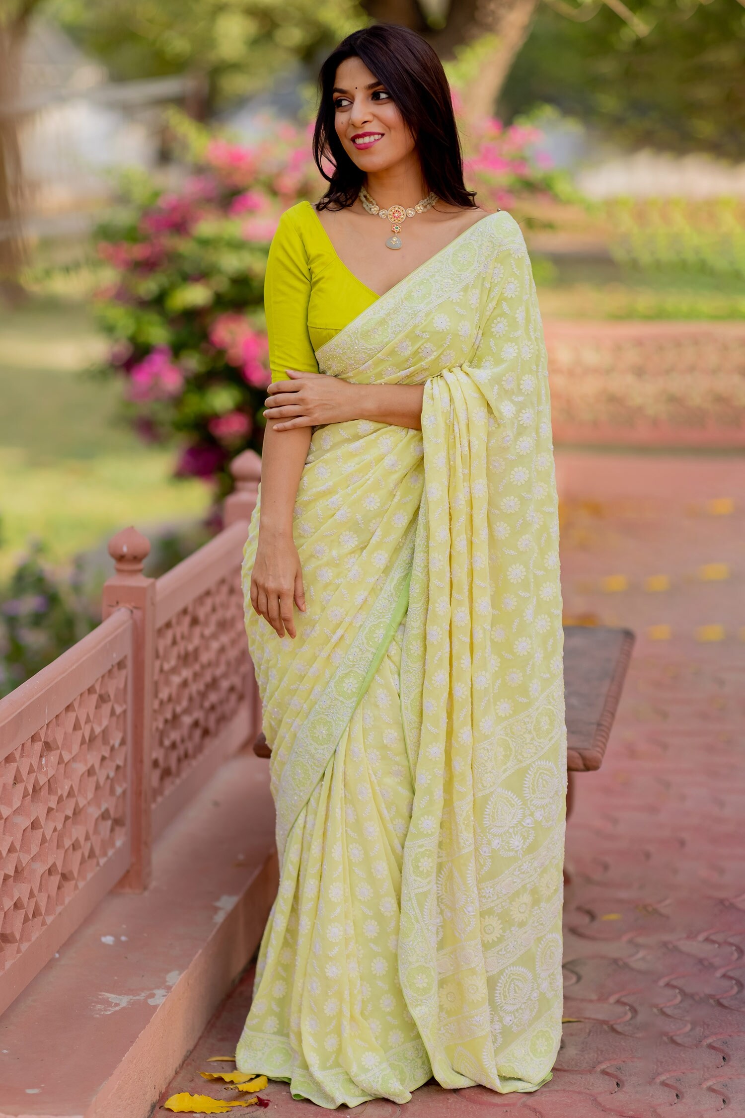 Buy Iktaar by Meena Green Floral Chikankari Saree Online | Aza Fashions