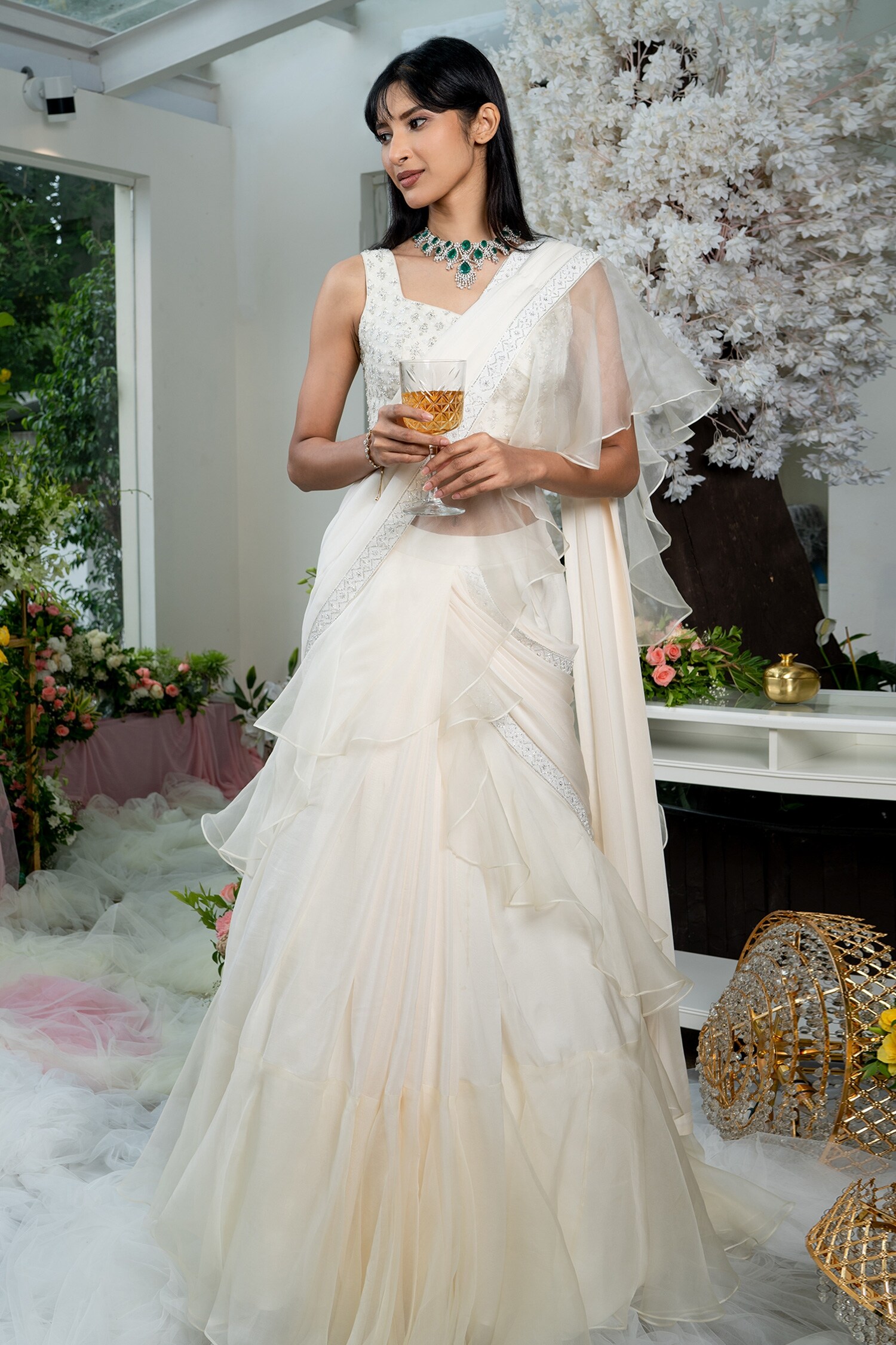 Varun Chakkilam Beige Silk Organza Pre-draped Ruffle Saree With Blouse
