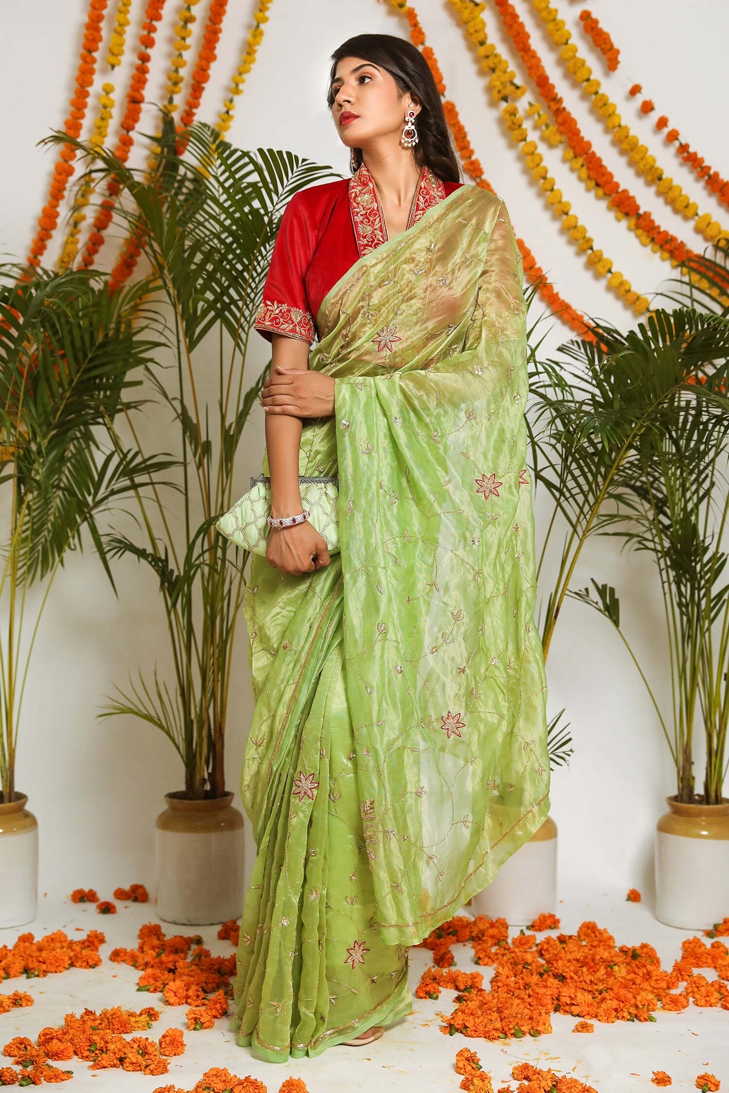 Ruar India Green Panna Tissue Saree With Blouse