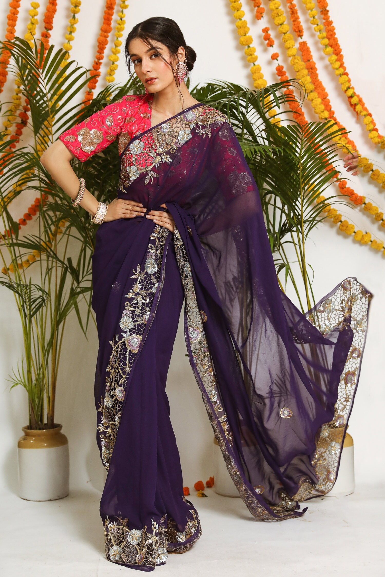 Ruar India Purple Pure Georgette Jamuni Cutwork Saree With Blouse