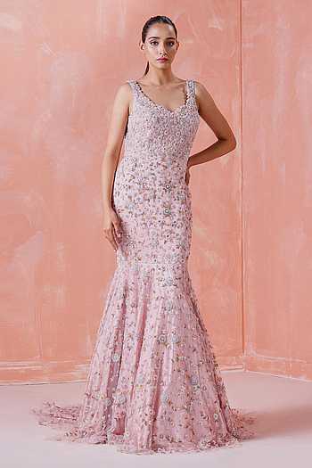 Buy Mirroir Peach Net Embroidered Mermaid Gown Online Aza Fashions