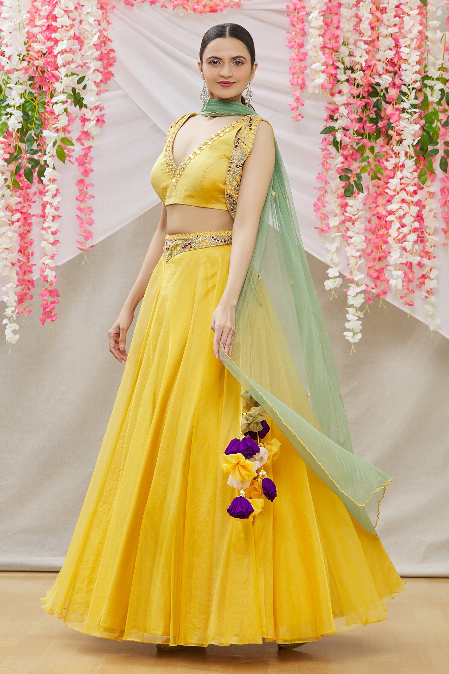 Buy Nazaakat by Samara Singh Yellow Blouse Mirror Work Lehenga Set