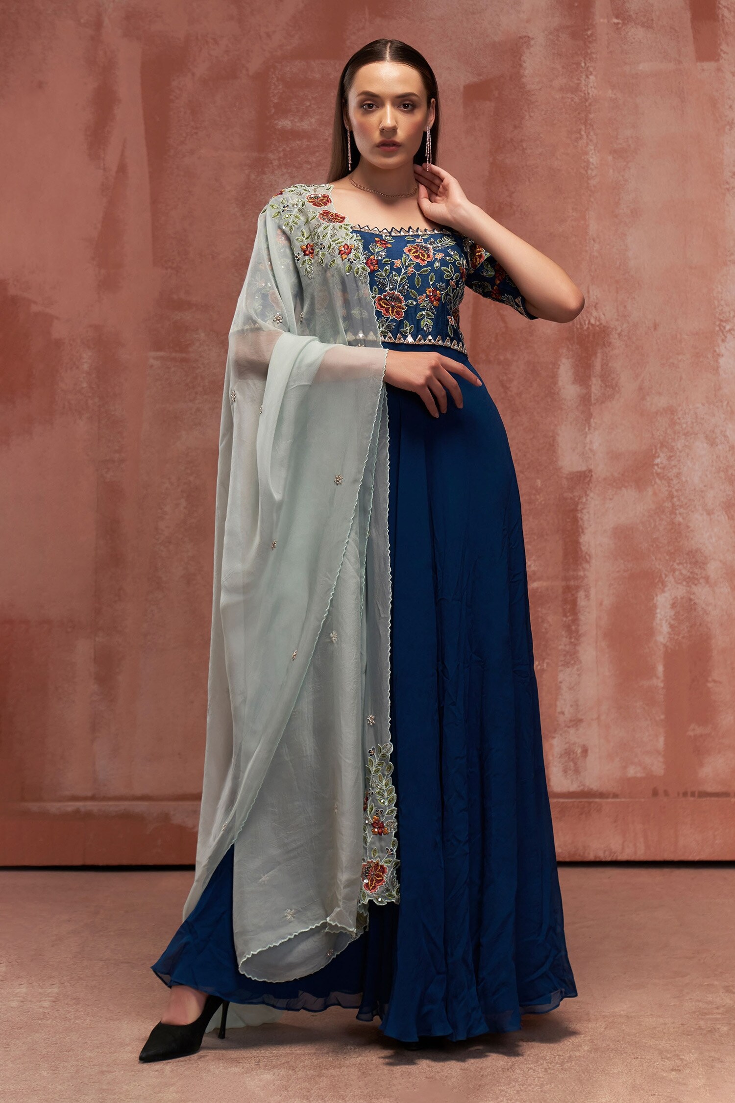 Buy Suruchi Parakh Blue Georgette Floral Embroidered Anarkali With ...