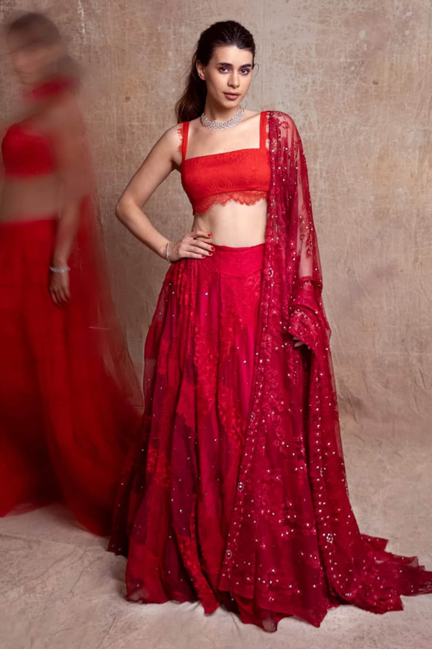 Shehlaa Khan Red Lace Work Lehenga Set