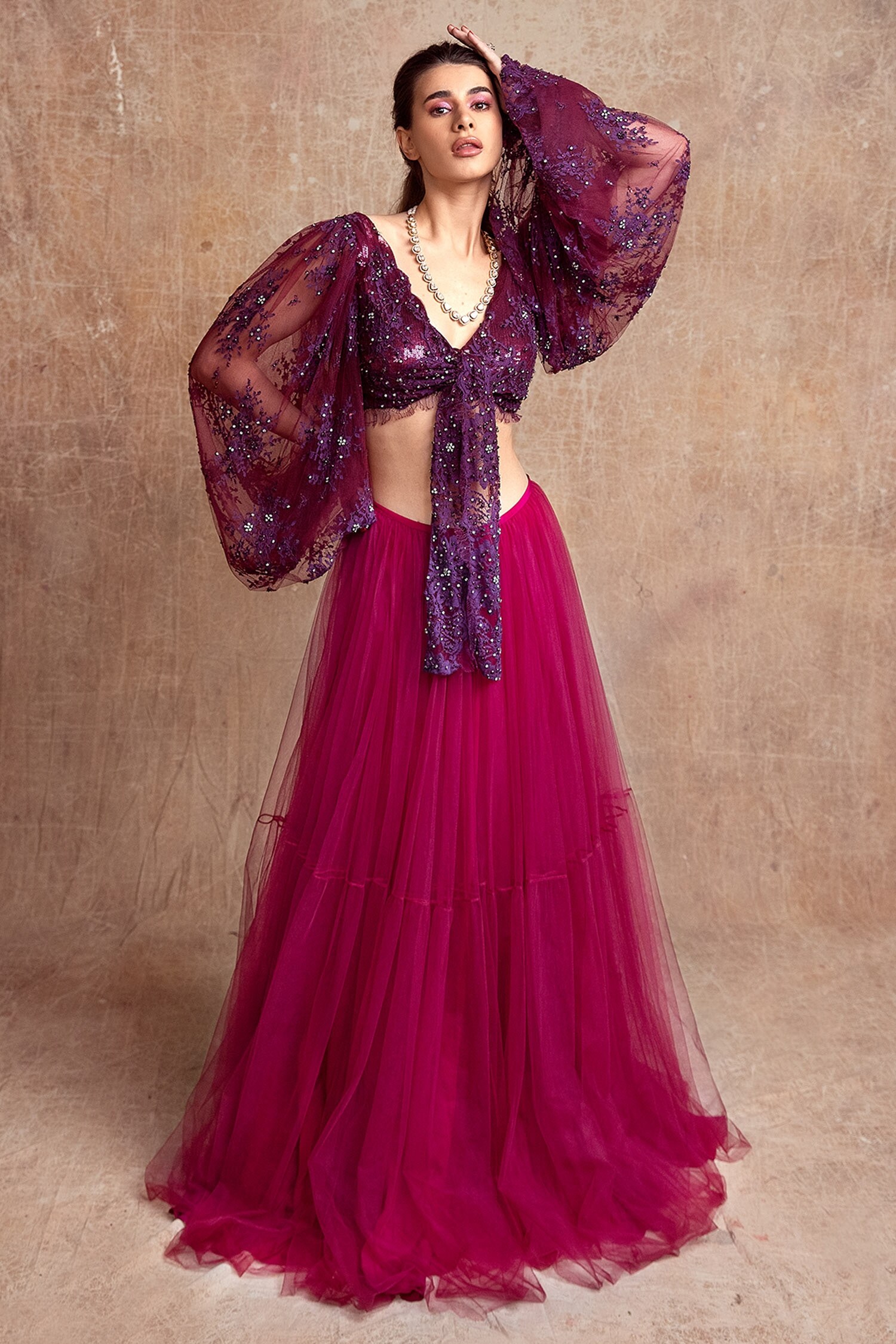 Shehlaa Khan Purple Lace Work Choli And Lehenga Set