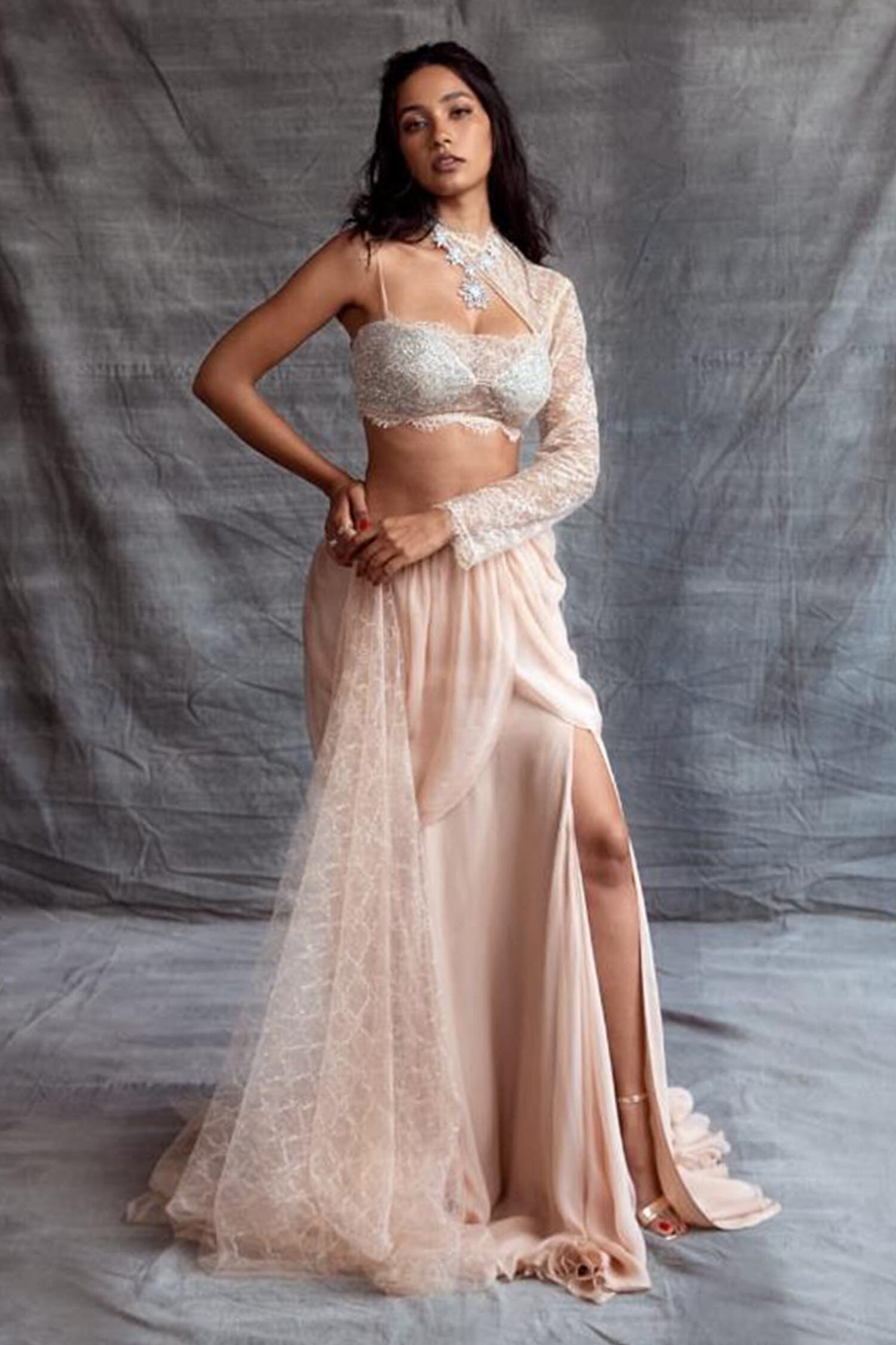 Shehlaa Khan Beige One Shoulder Choli And Lehenga Set