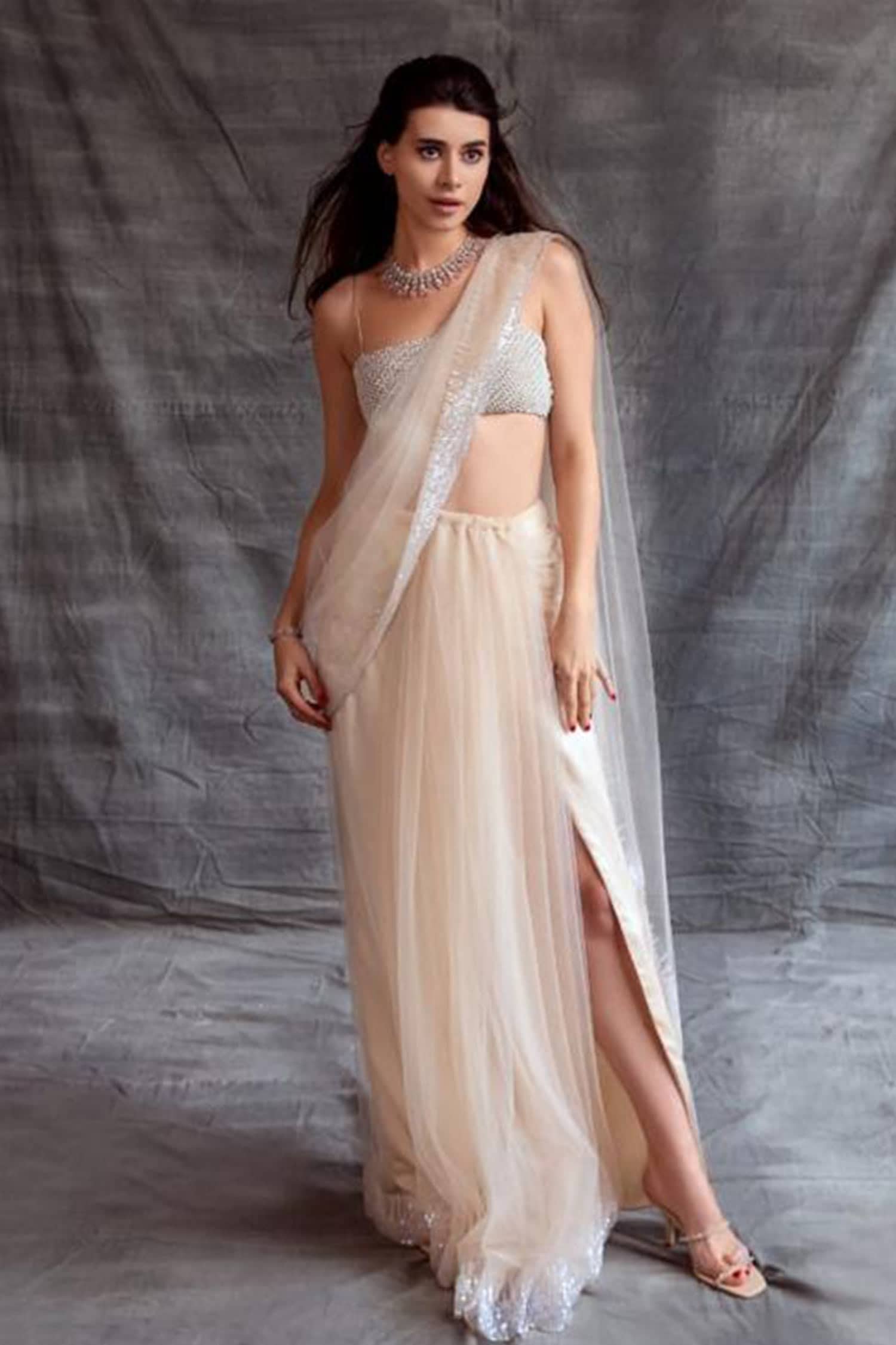 Shehlaa Khan Beige Tulle Pre-draped Saree With Embellished Blouse