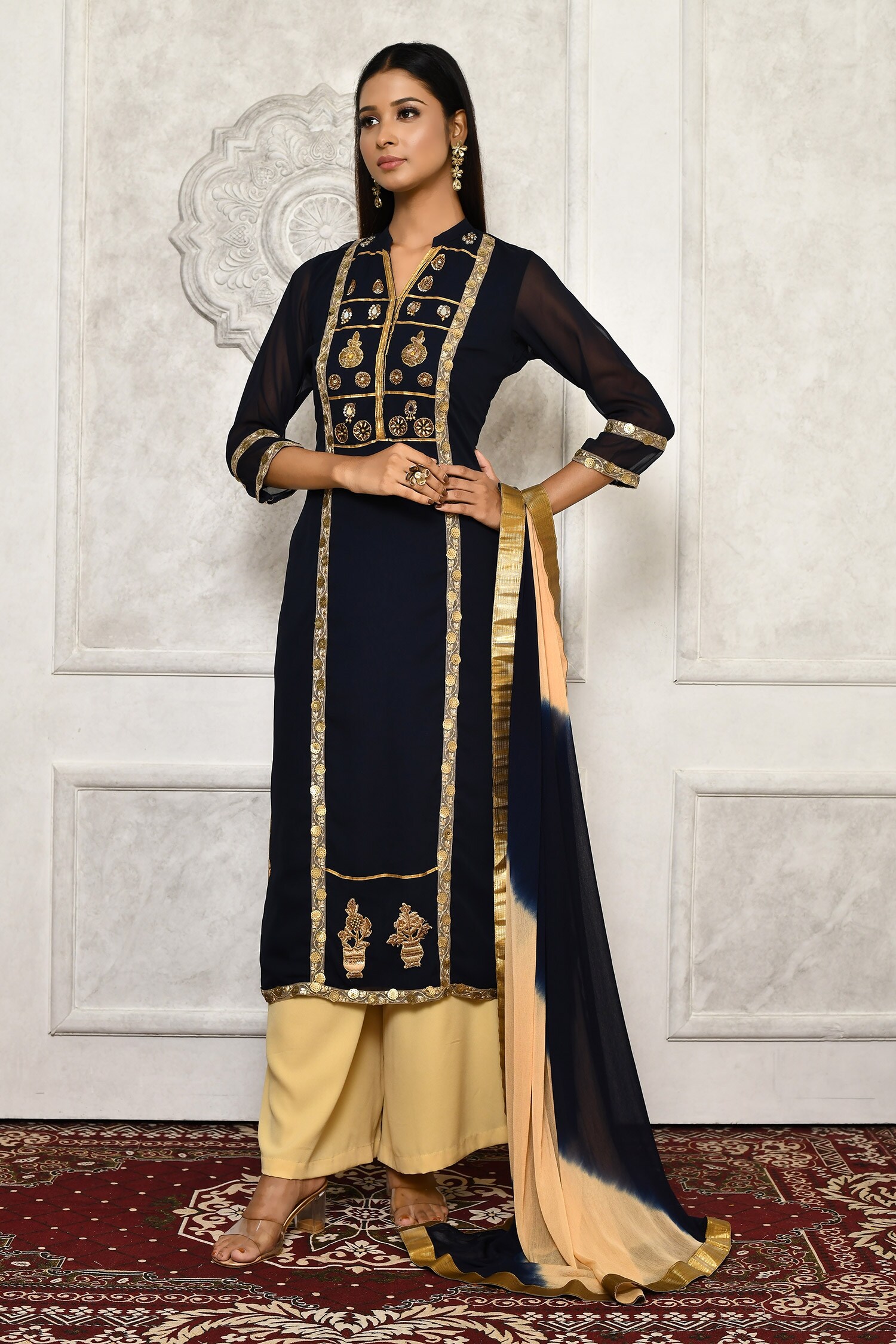 Buy Aryavir Malhotra Blue Floral Embroidered Kurta Palazzo Set Online