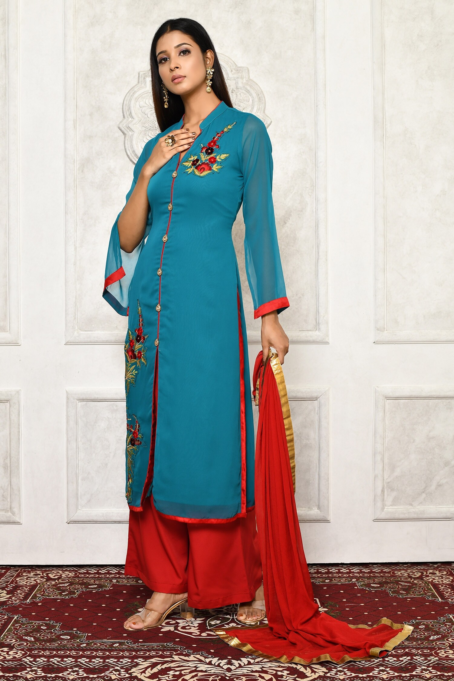 Buy Aryavir Malhotra Blue Floral Embroidered Kurta Palazzo Set Online