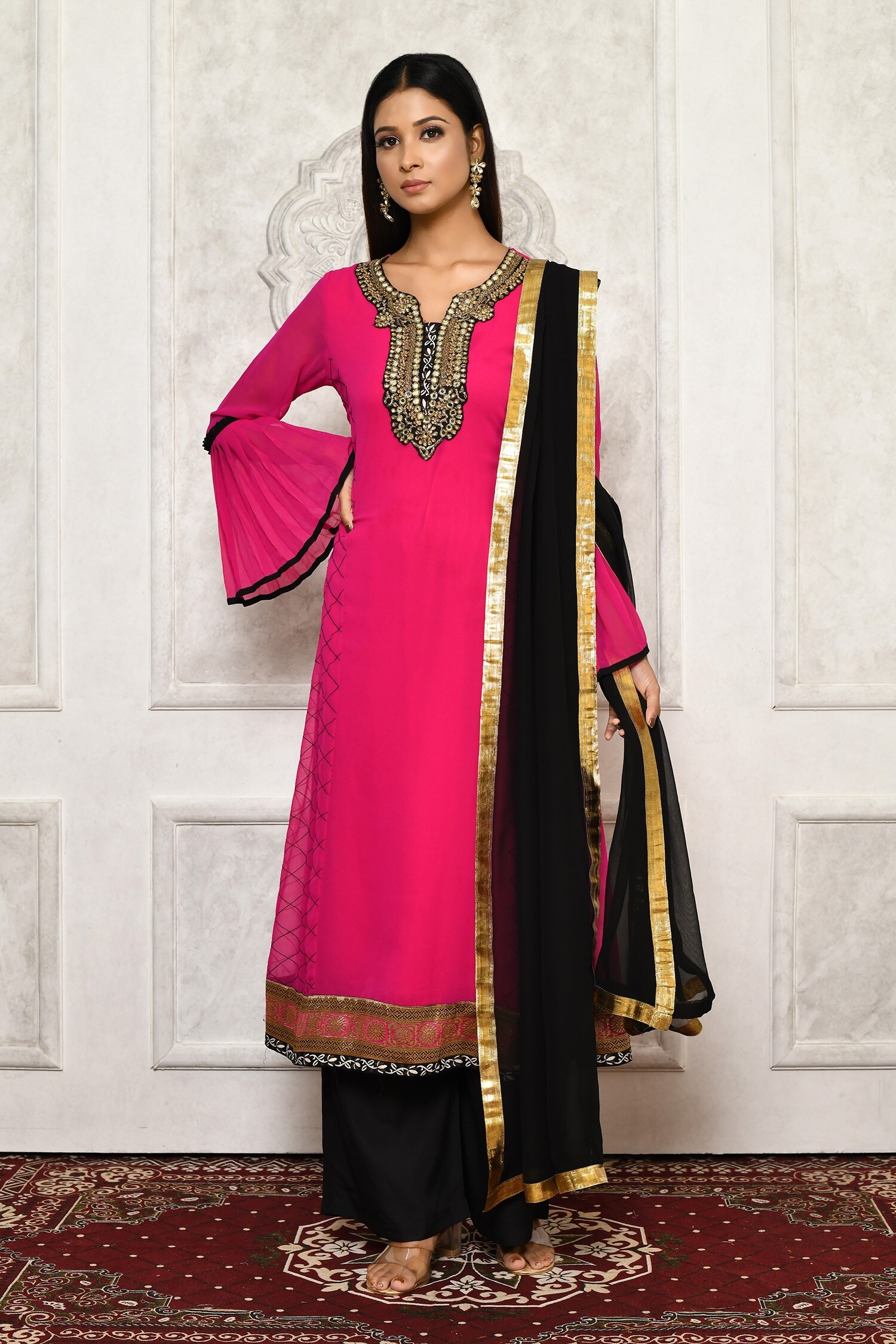 Buy Aryavir Malhotra Pink Floral Embroidered Kurta Palazzo Set Online