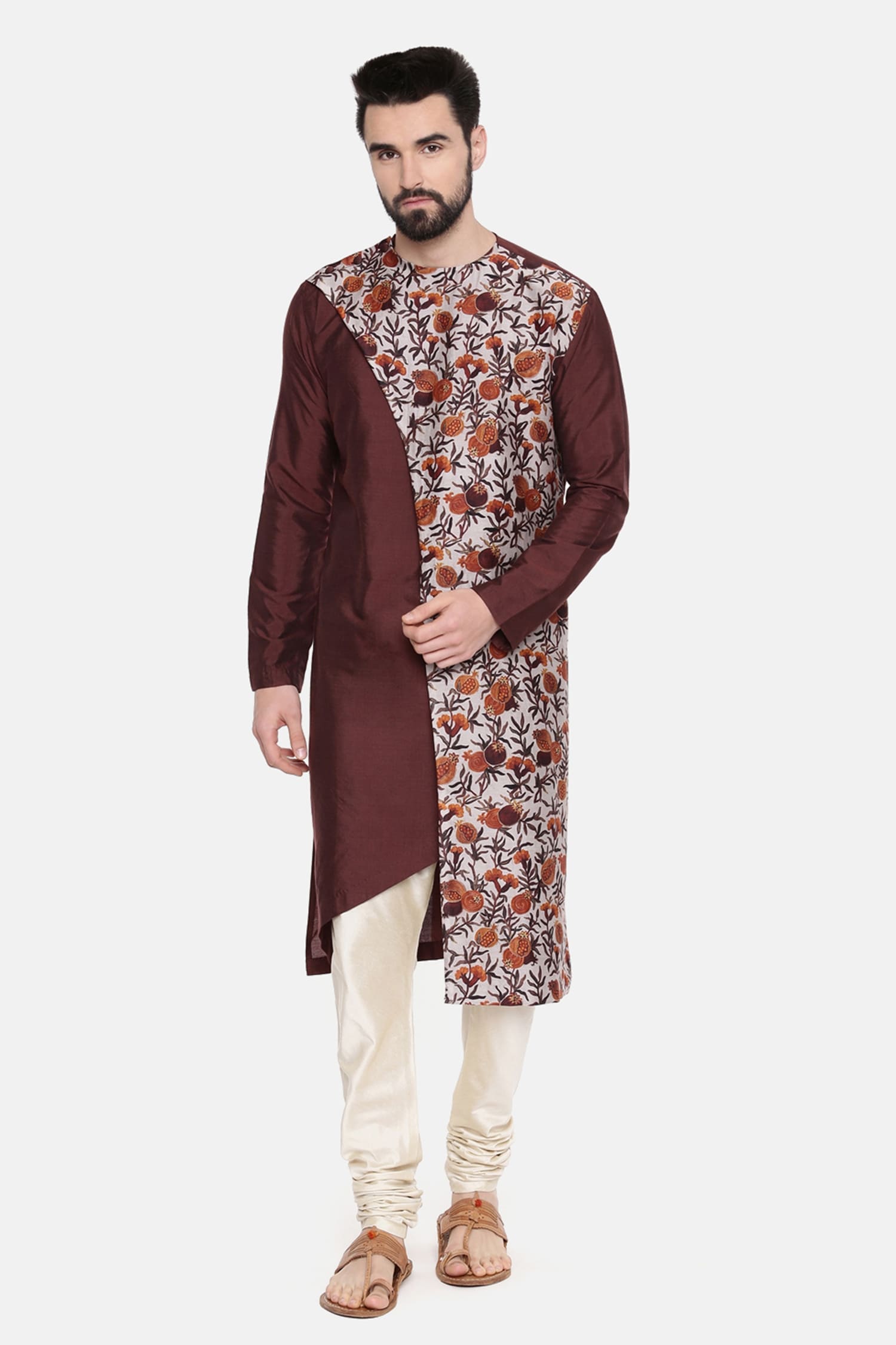 Mayank Modi - Men Brown Silkchanderi Floral Print Kurta Set