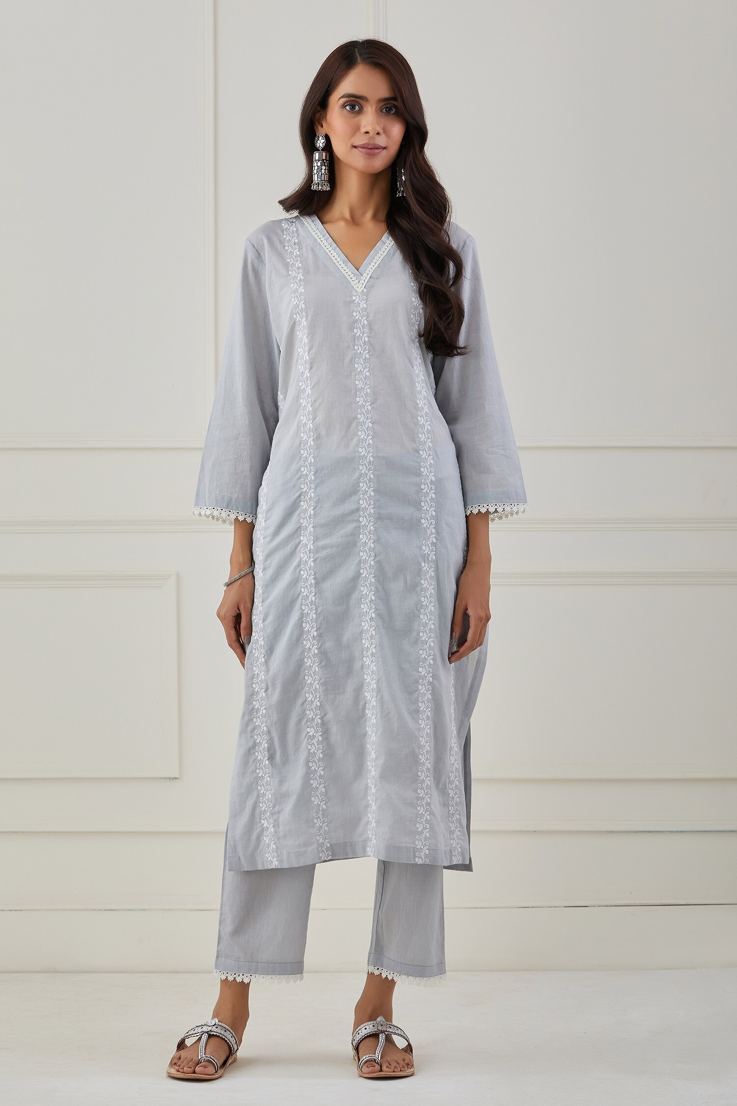 Buy Priya Chaudhary Grey Cotton Embroidered Kurta And Pant Set Online