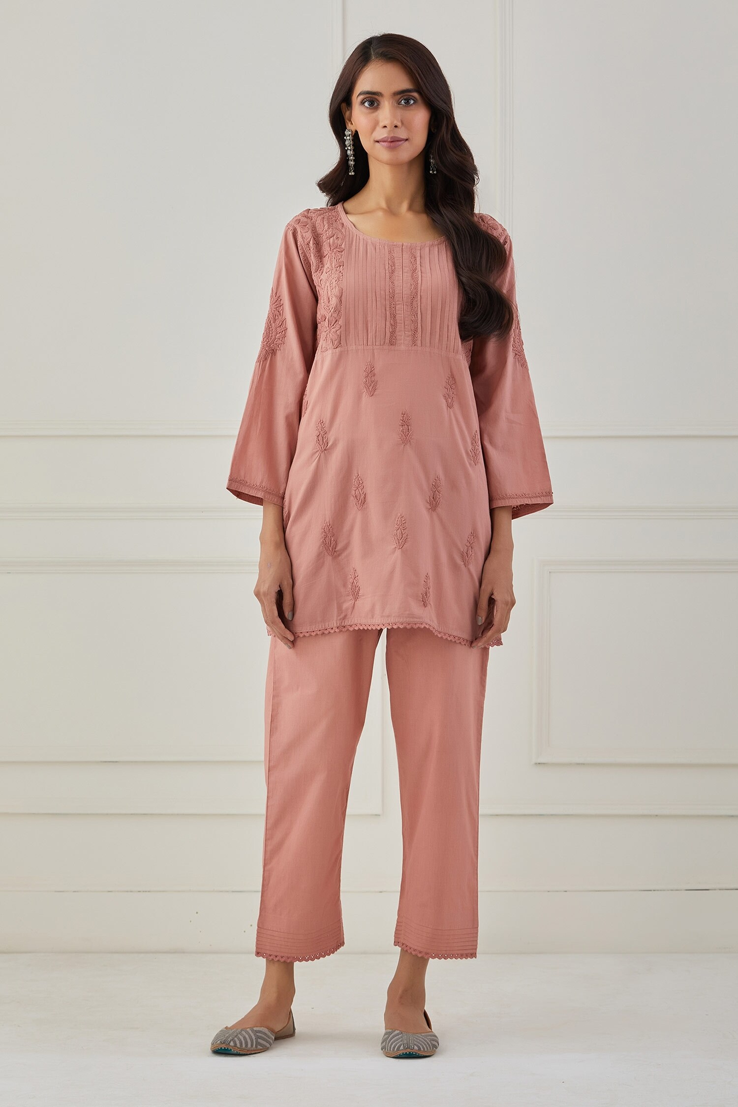 Buy Priya Chaudhary Pink Cotton Chikankari Kurta And Pant Set Online Aza Fashions