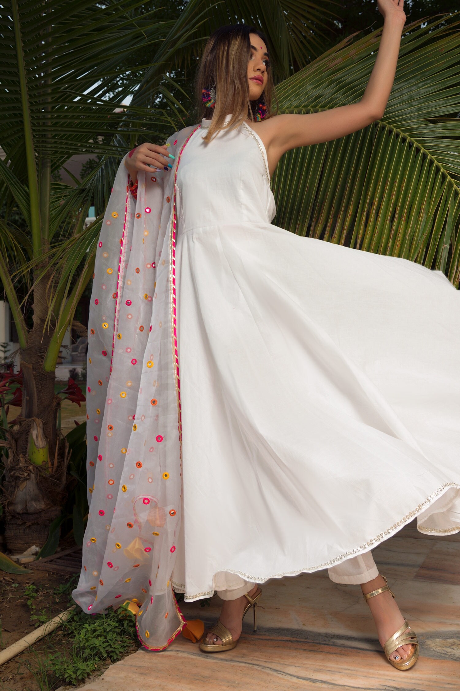 Buy POMCHA JAIPUR White Cotton Halter Neck Anarkali Set Online Aza