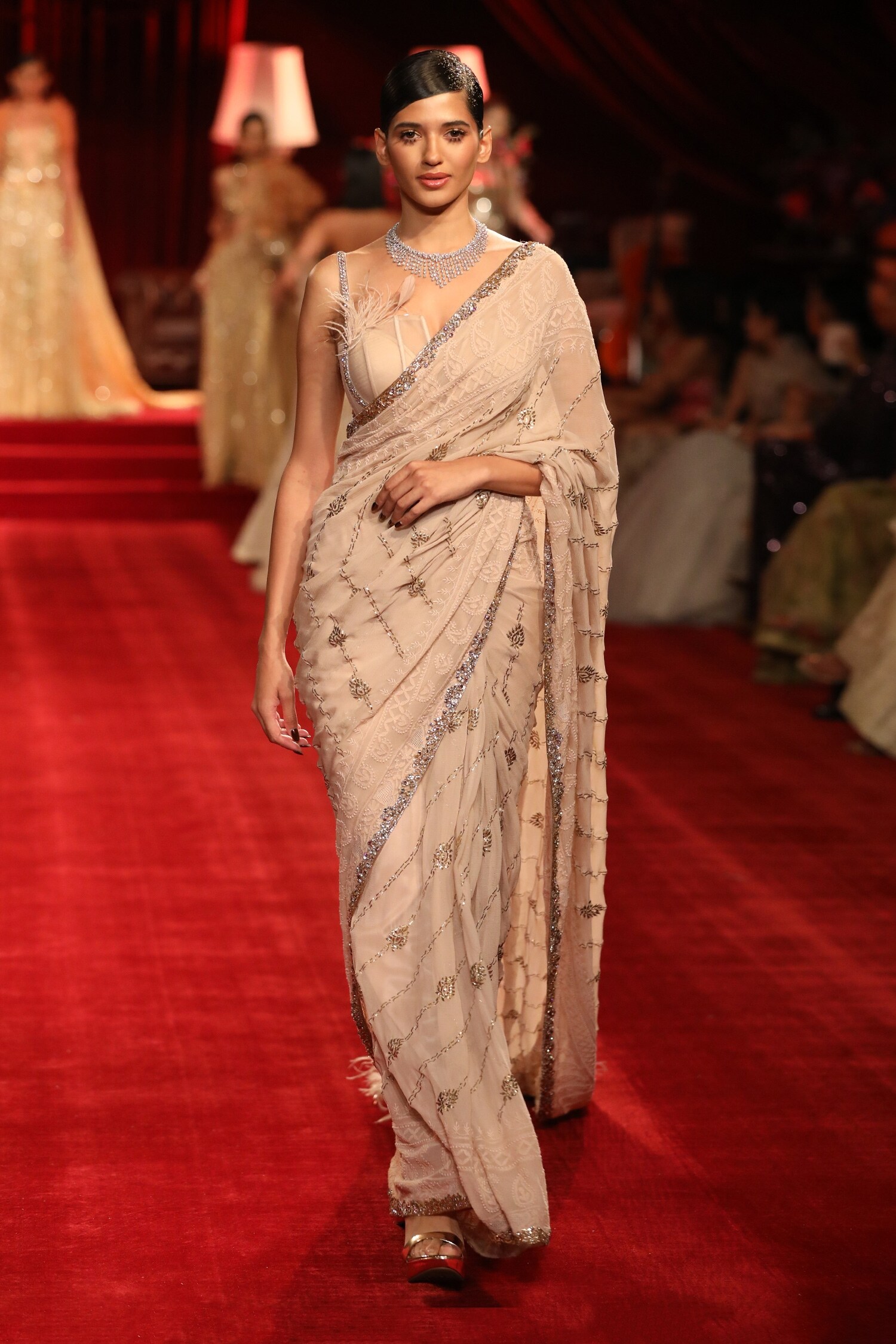 Buy Dolly J Peach Chiffon Ella Chikankari Kamdani Saree Set Online Aza Fashions