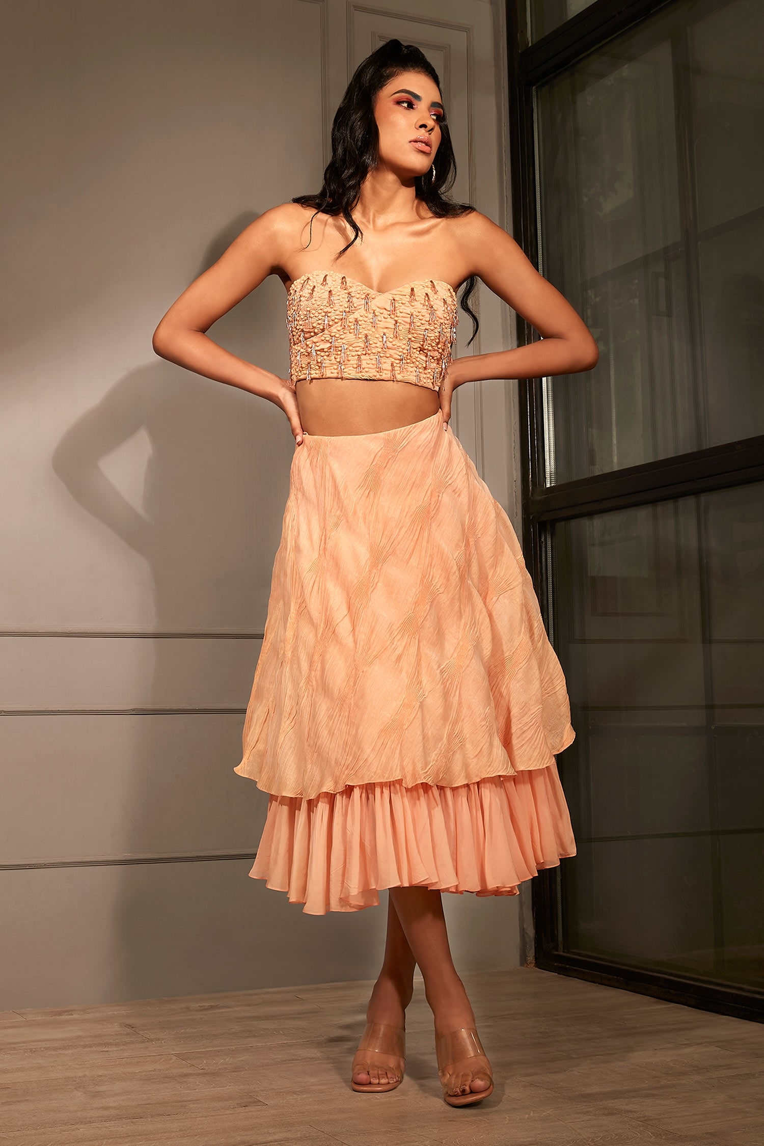 Babita Malkani Peach Pleated Fabric Embellished Crop Top And Layered Skirt Set