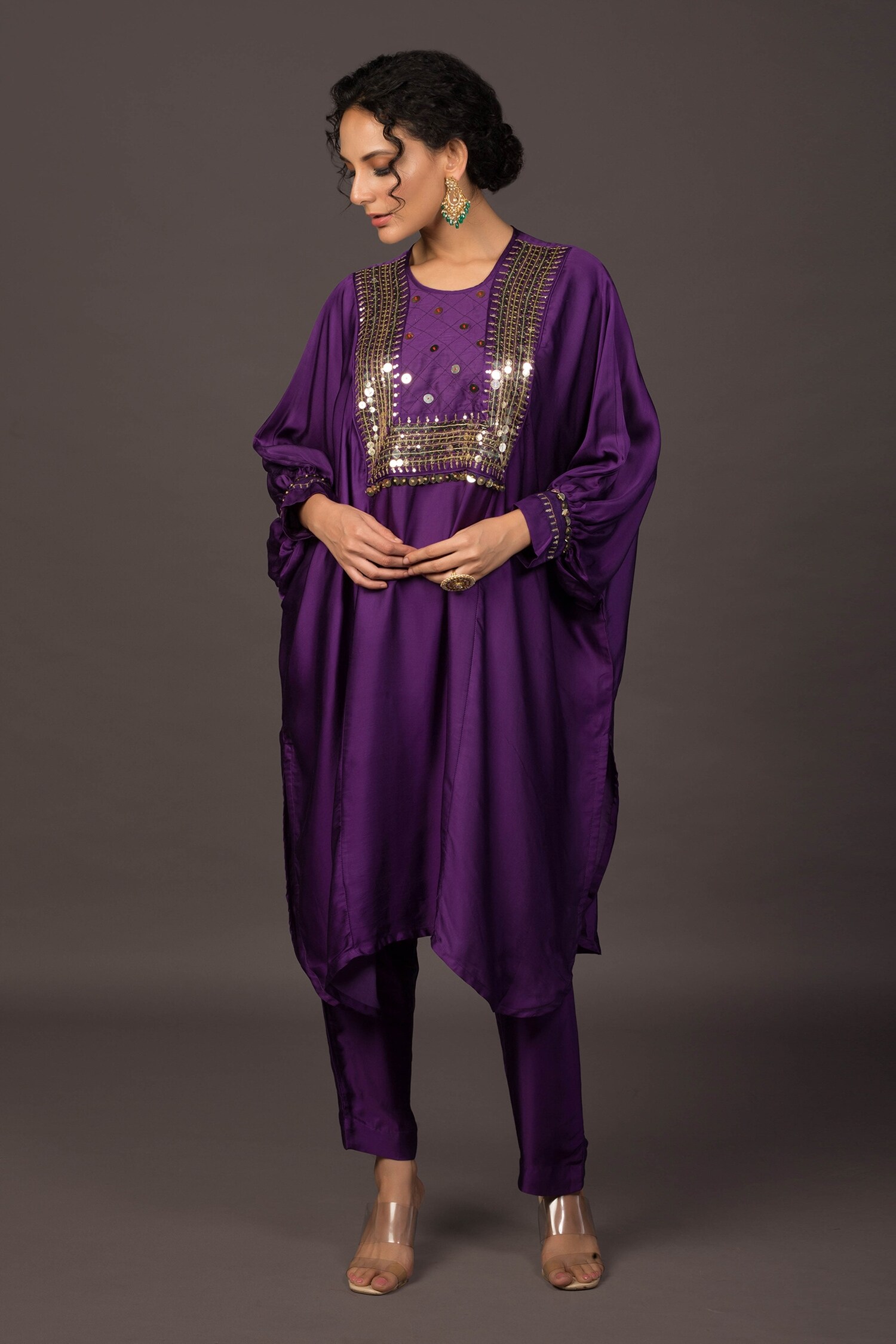 Buy Prahnaaya Purple Satin Sequin Embroidered Kurta And Pant Set Online ...