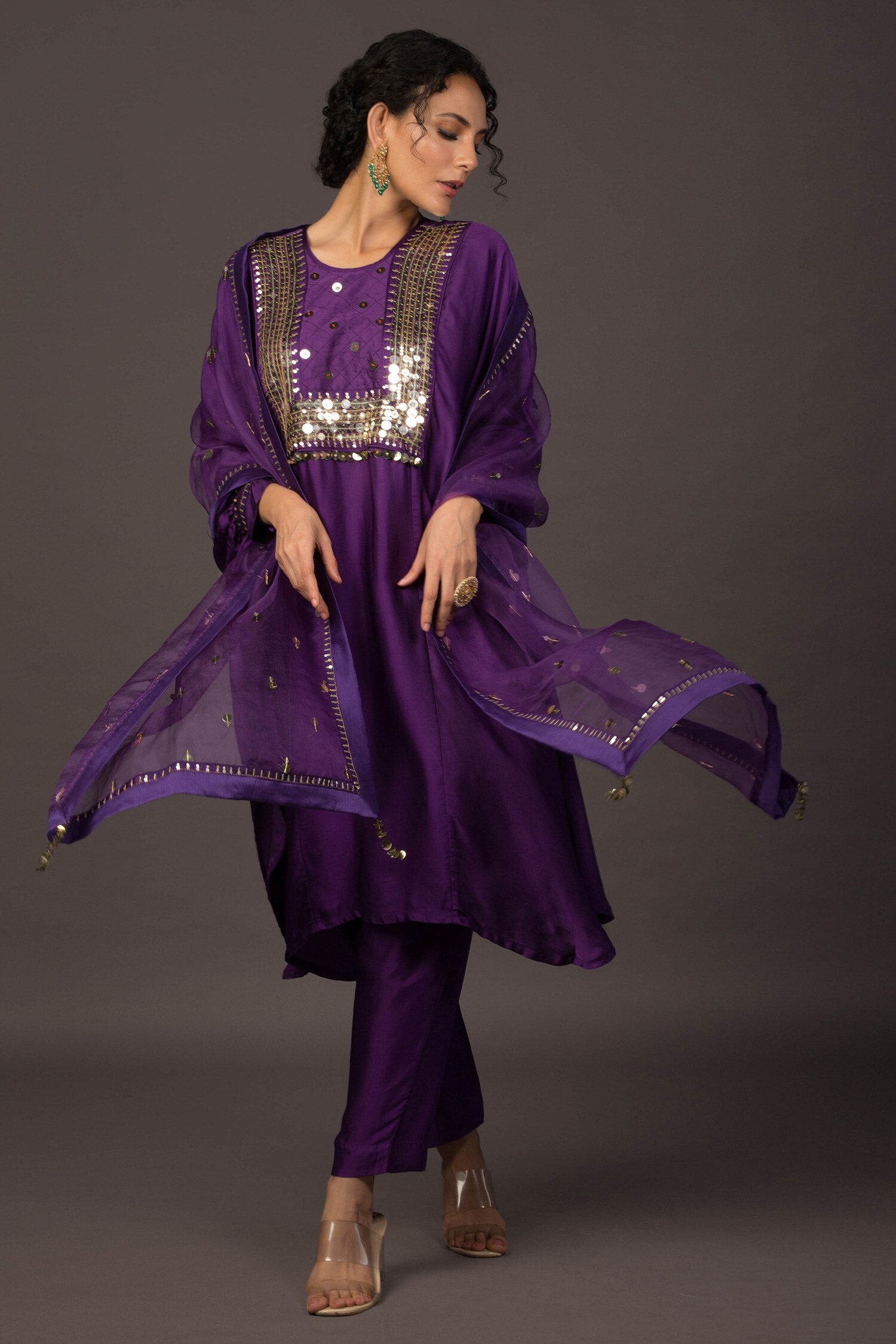 Buy Prahnaaya Purple Satin Sequin Embroidered Kurta Pant Set Online